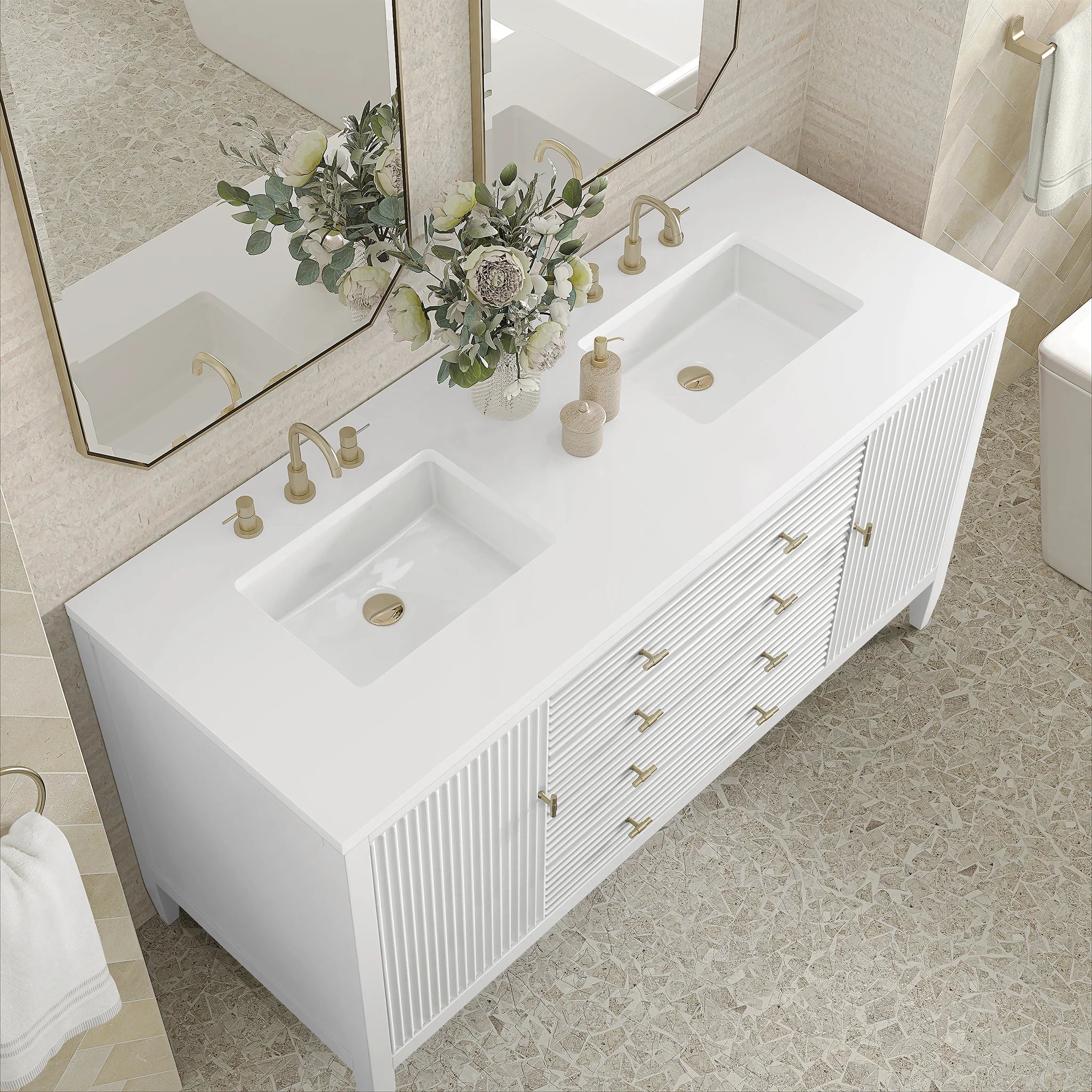 Myrrin Double Vanity, Bright White w/ 3 CM White Zeus Silestone Top