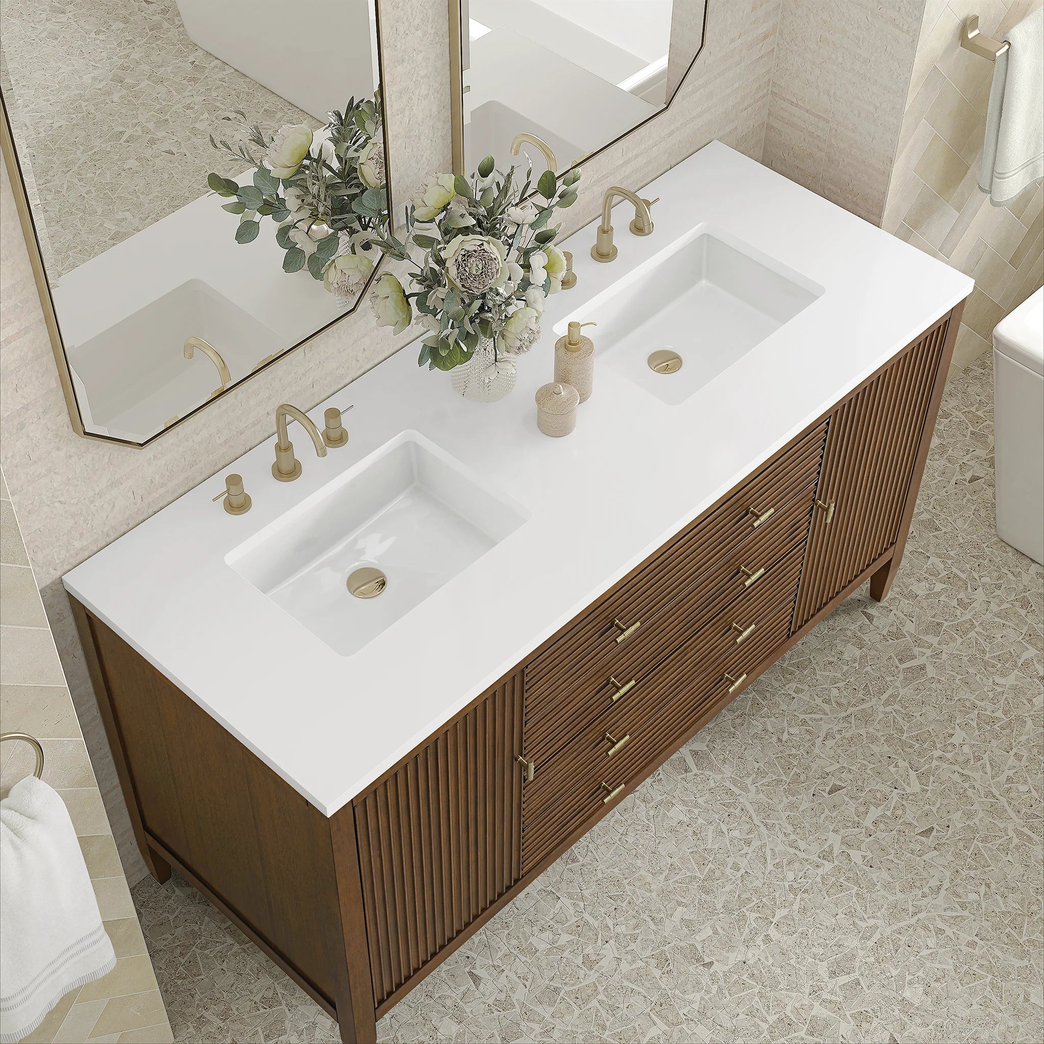 Myrrin Double Vanity, Bright White w/ 3 CM White Zeus Silestone Top