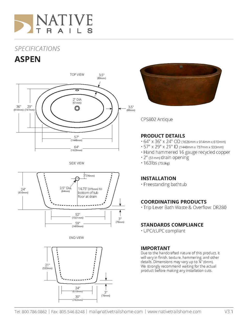 Aspen 64" in Antique Copper