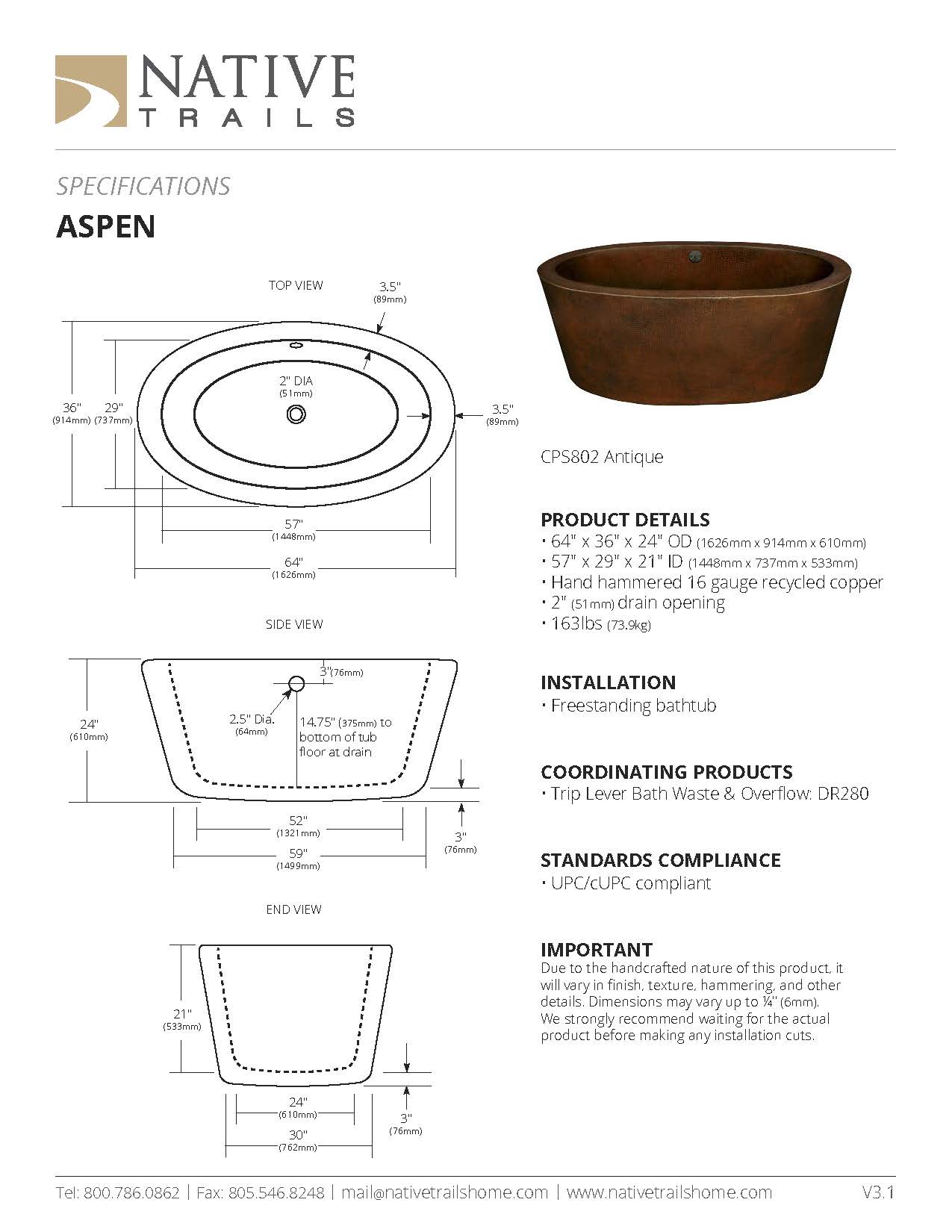 Aspen 64" in Antique Copper