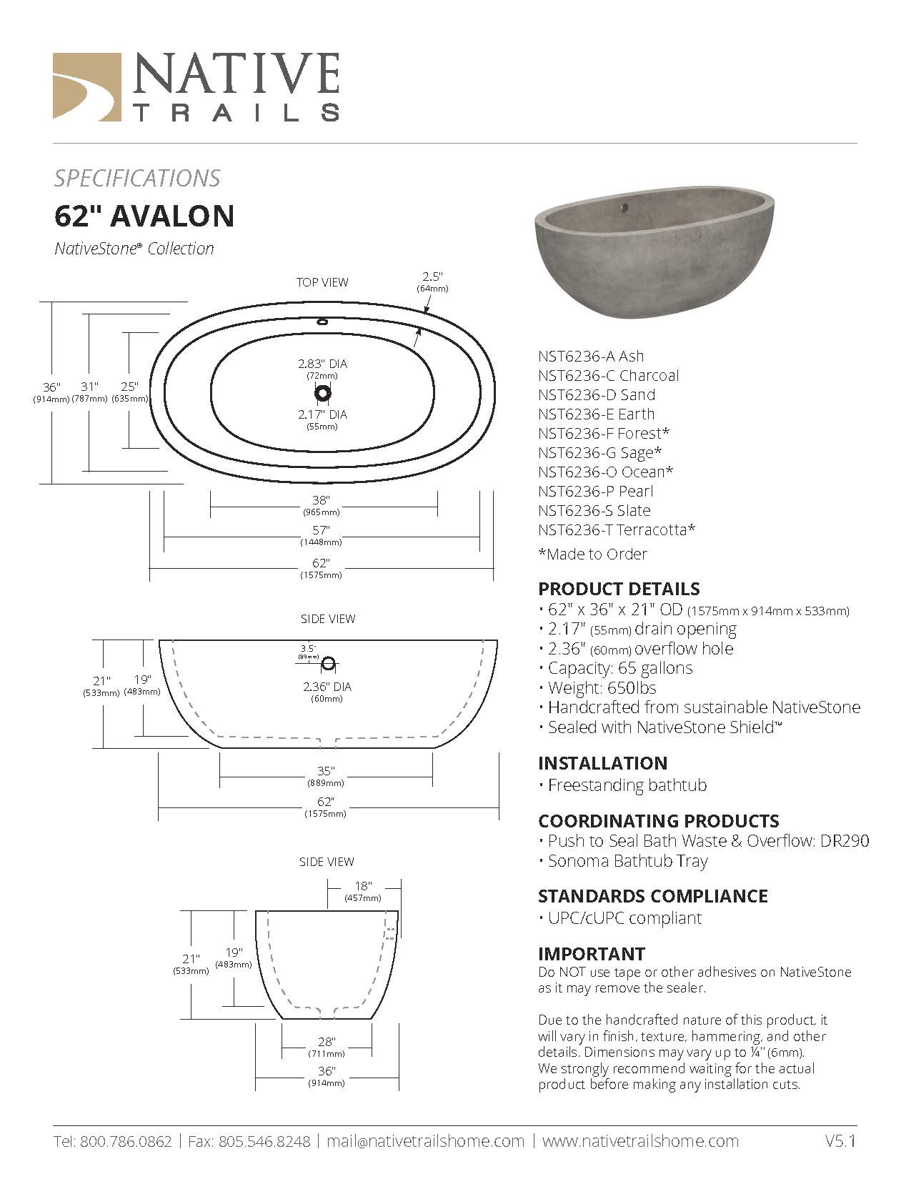 Avalon NativeStone Freestanding Soaking Tub