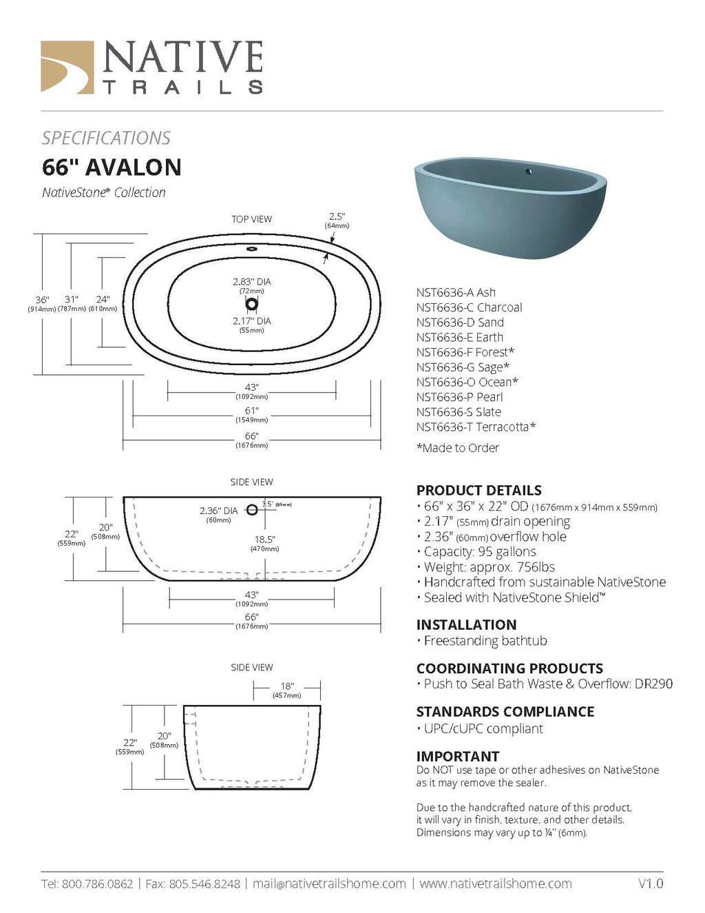 Avalon NativeStone Freestanding Soaking Tub