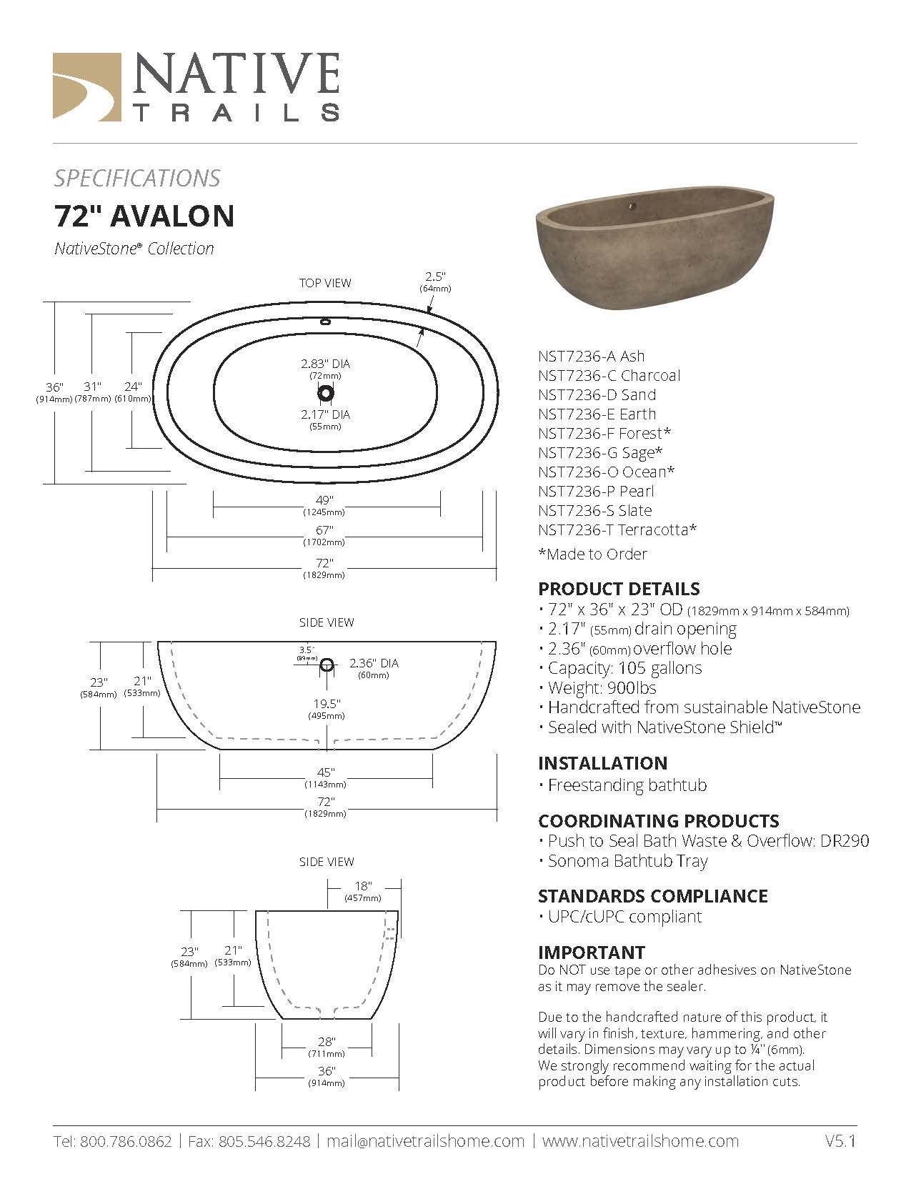 Avalon NativeStone Freestanding Soaking Tub