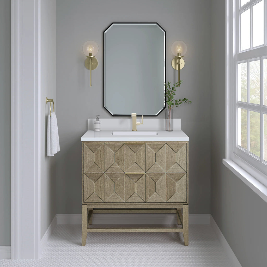 Emmeline Single Vanity, Pebble Oak w/ 3 CM White Zeus Top