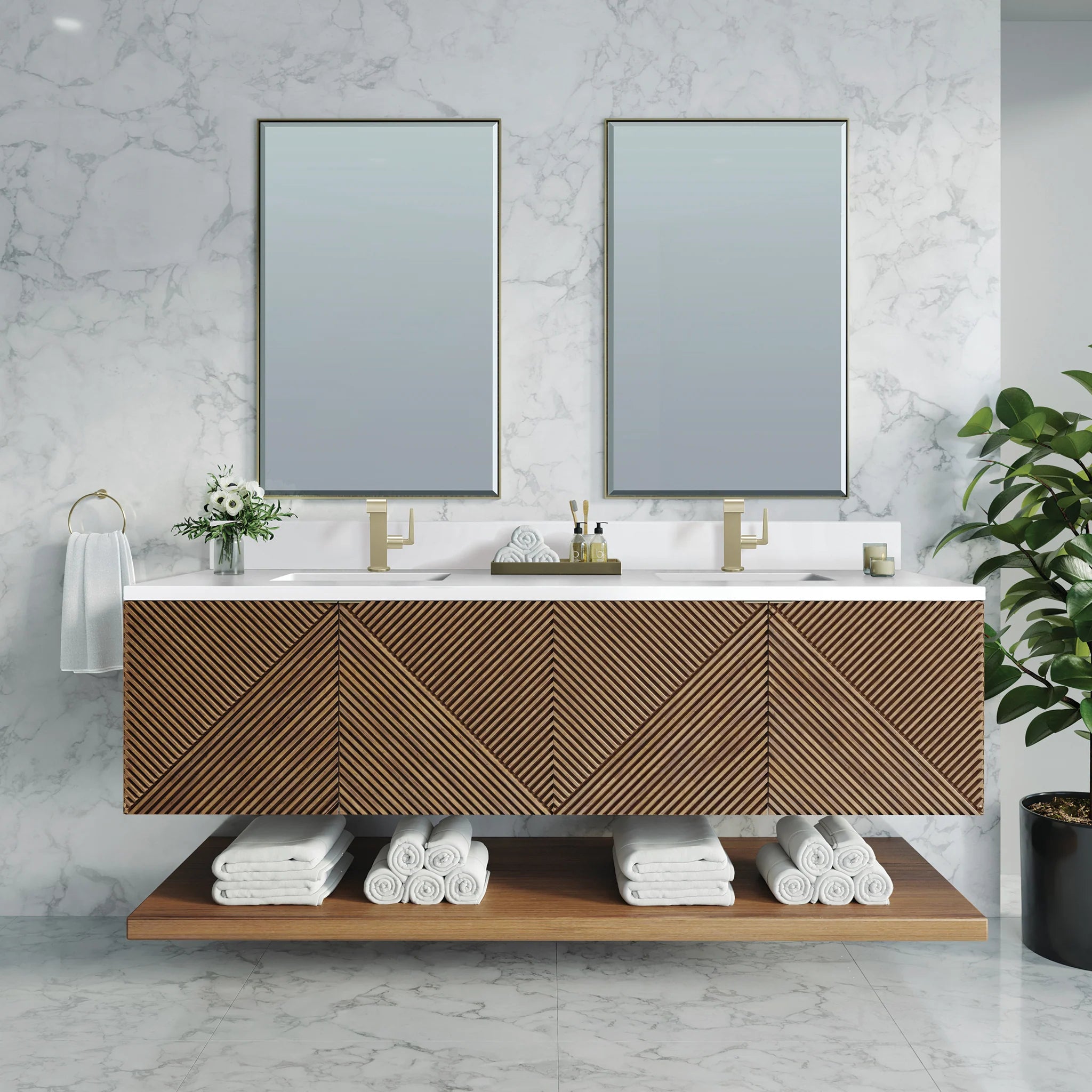 Marcello 72" Double Vanity, Chestnut w/ 3 CM White Zeus Top