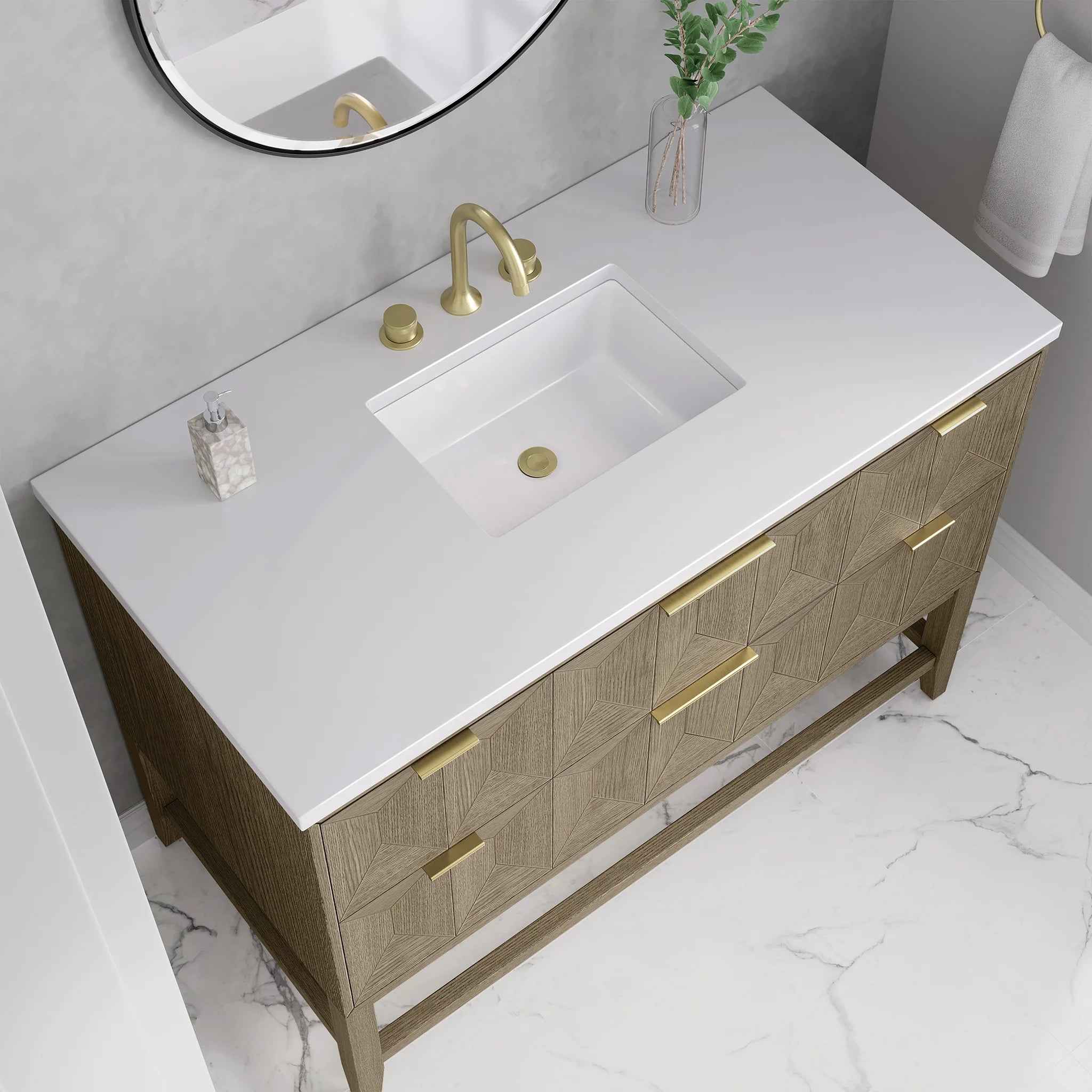 Emmeline Single Vanity, Pebble Oak w/ 3 CM White Zeus Top