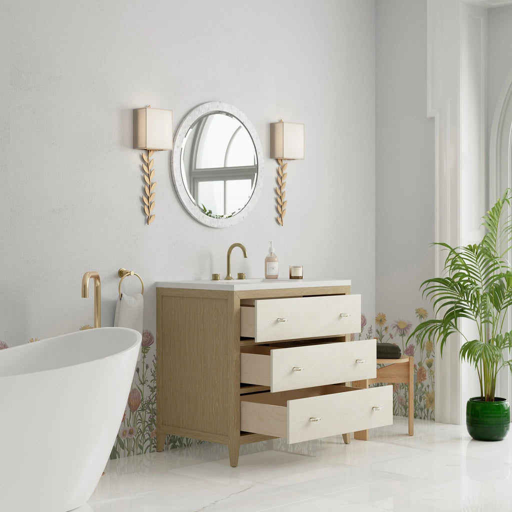 Celeste Single Vanity, Sunwashed Oak with Embossed Shagreen w/ 3 CM White Zeus Silestone Top