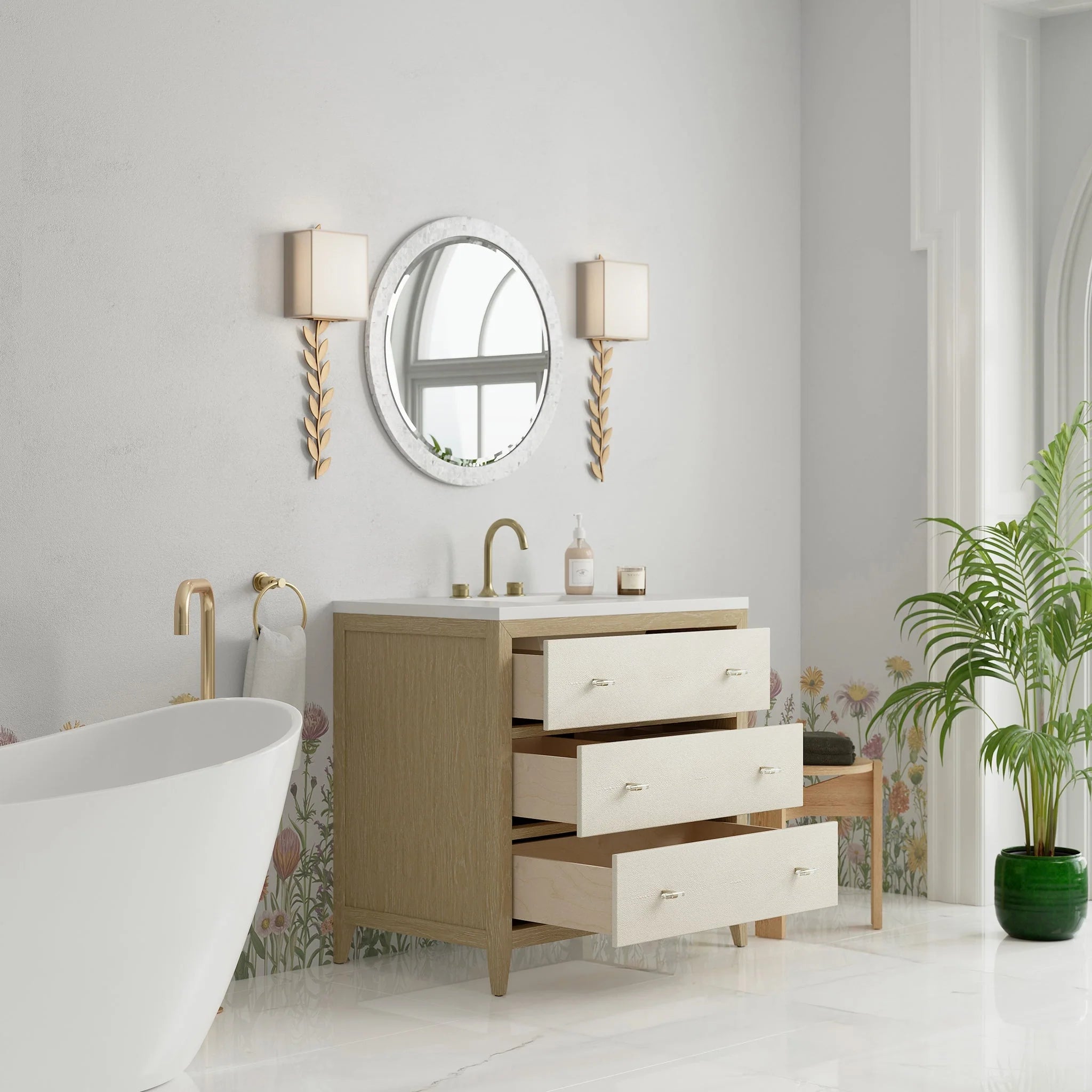 Celeste Single Vanity, Sunwashed Oak with Embossed Shagreen w/ 3 CM White Zeus Silestone Top