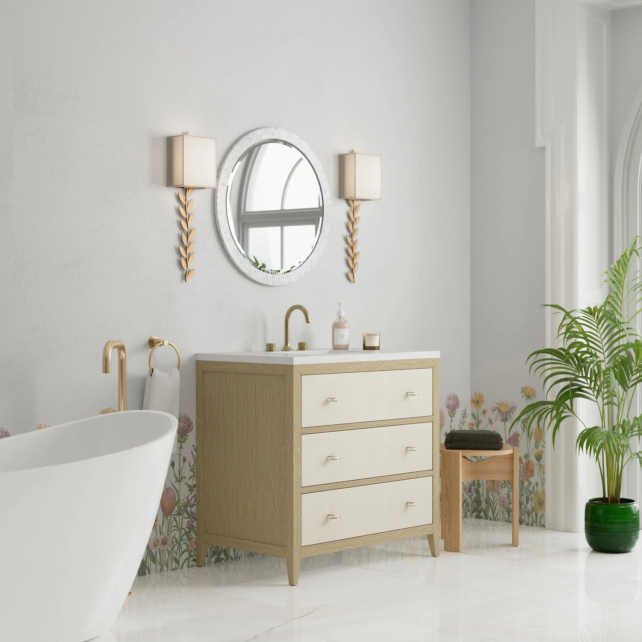 Celeste Single Vanity, Sunwashed Oak with Embossed Shagreen w/ 3 CM White Zeus Silestone Top