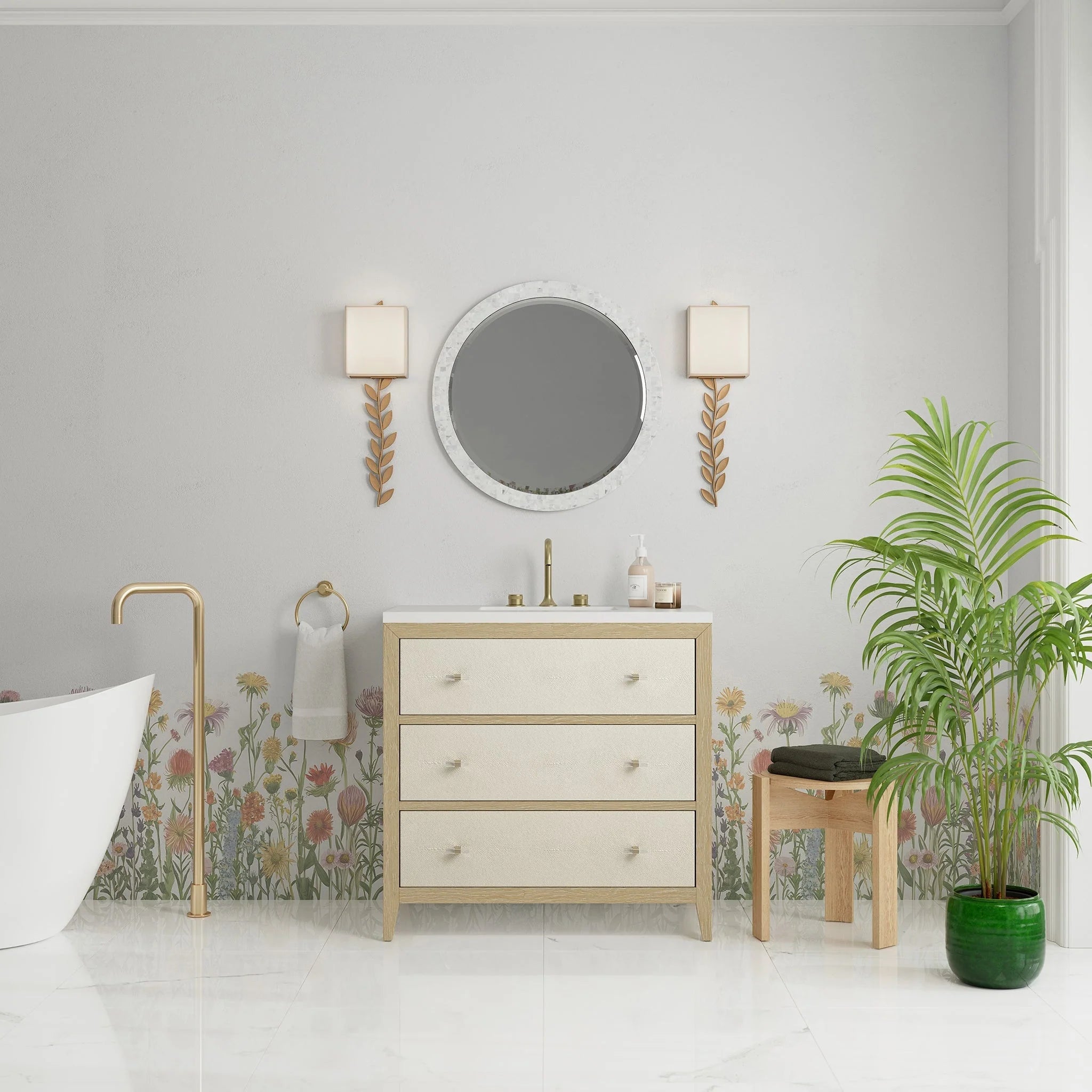 Celeste Single Vanity, Sunwashed Oak with Embossed Shagreen w/ 3 CM White Zeus Silestone Top