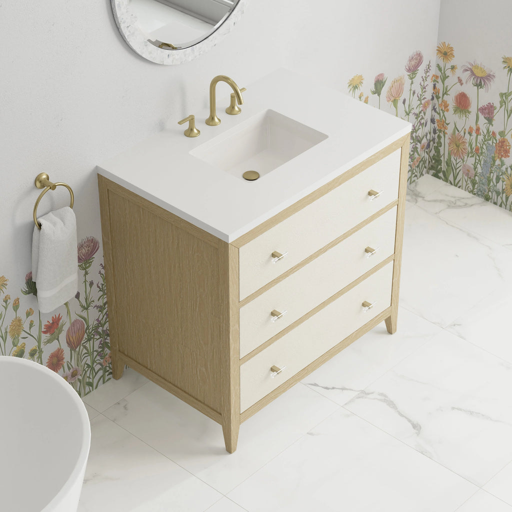Celeste Single Vanity, Sunwashed Oak with Embossed Shagreen w/ 3 CM White Zeus Silestone Top