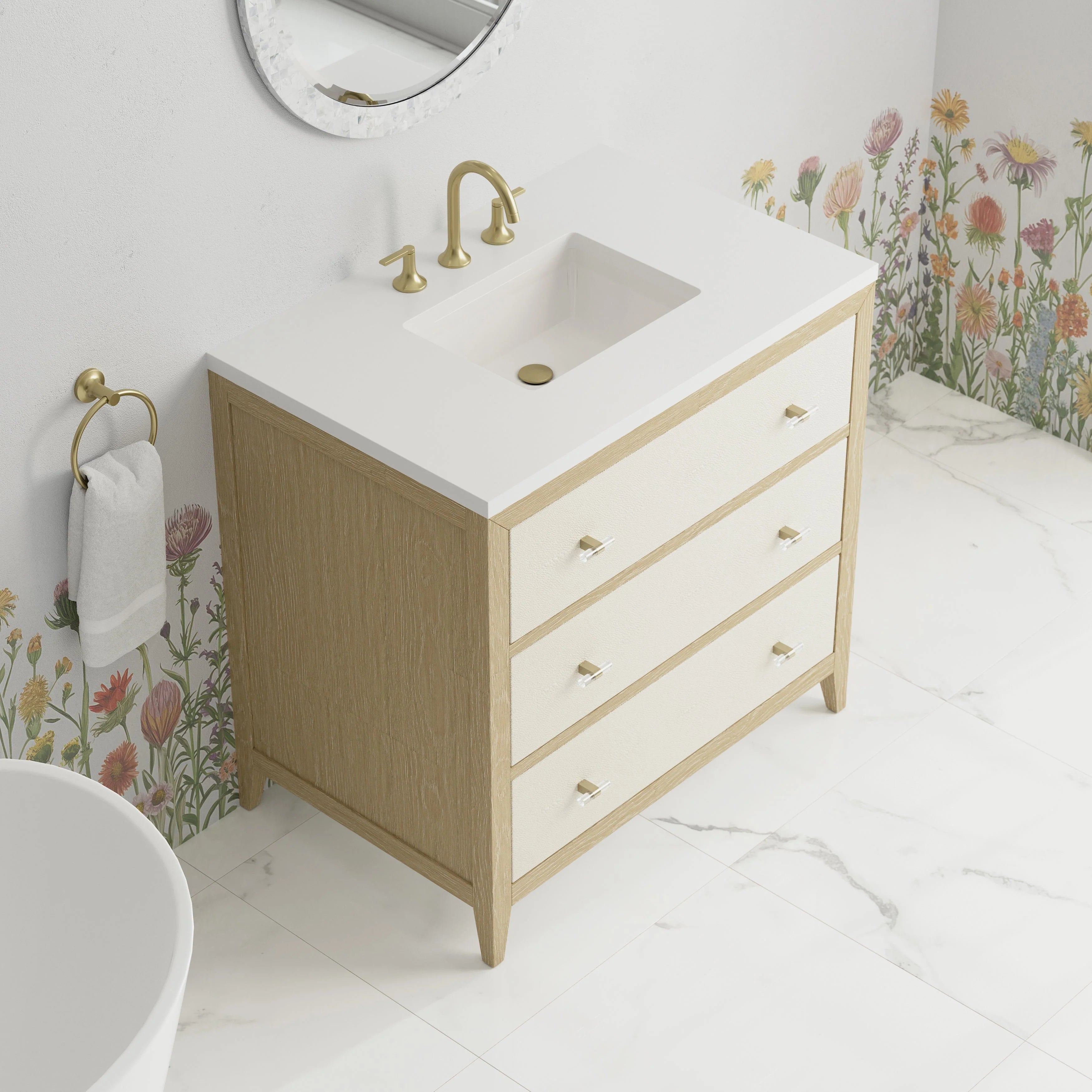 Celeste Single Vanity, Sunwashed Oak with Embossed Shagreen w/ 3 CM White Zeus Silestone Top