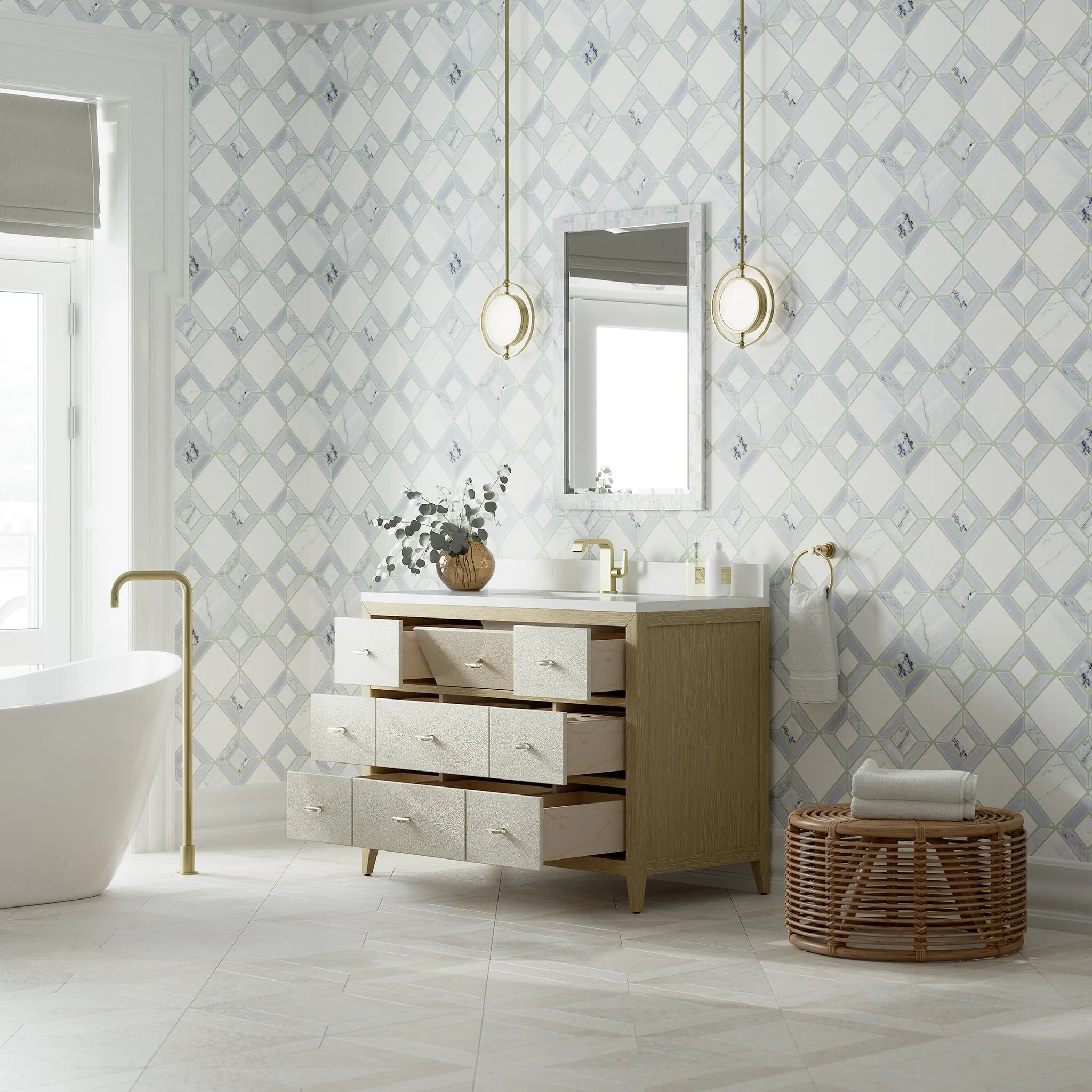 Celeste Single Vanity, Sunwashed Oak with Embossed Shagreen w/ 3 CM White Zeus Silestone Top