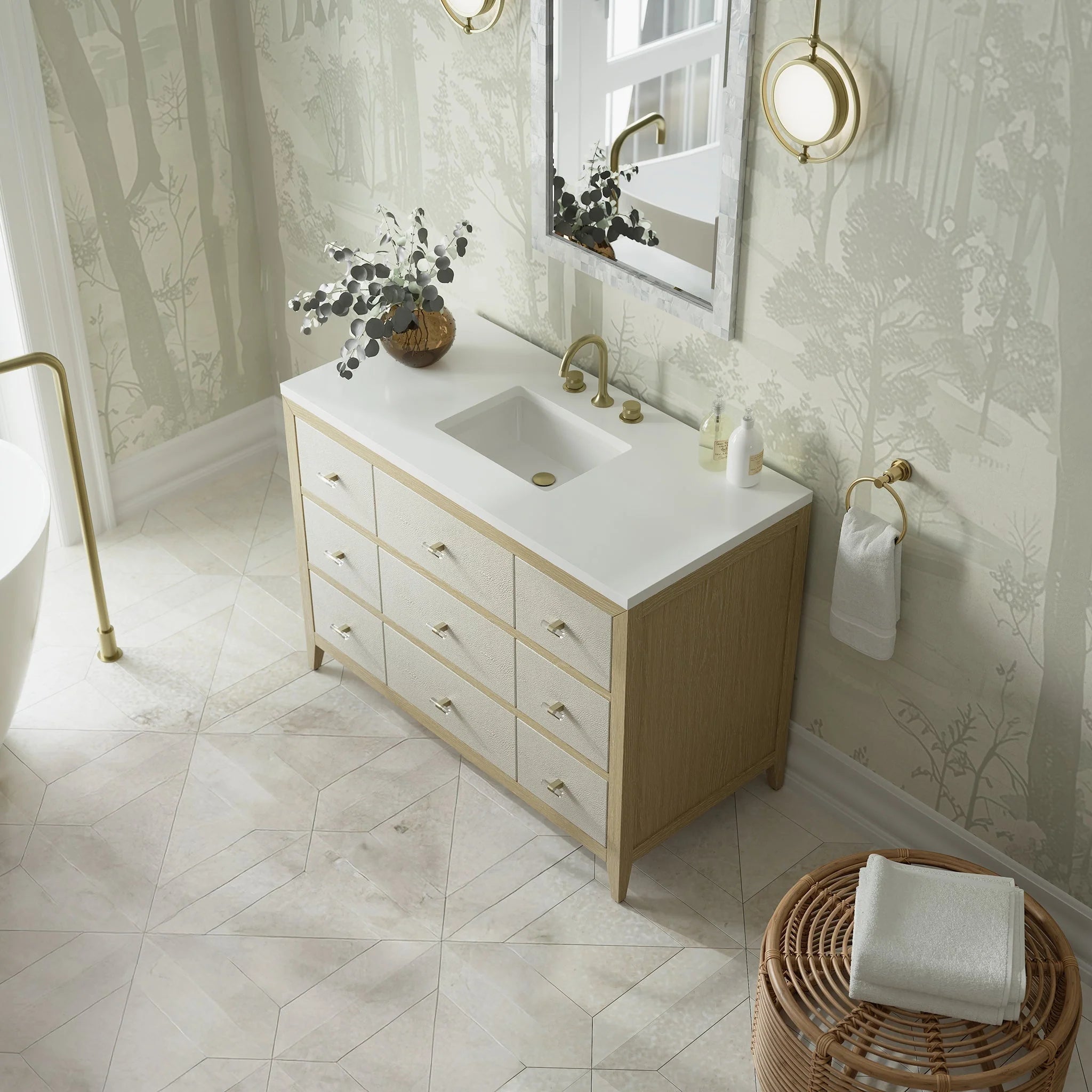 Celeste Single Vanity, Sunwashed Oak with Embossed Shagreen w/ 3 CM White Zeus Silestone Top