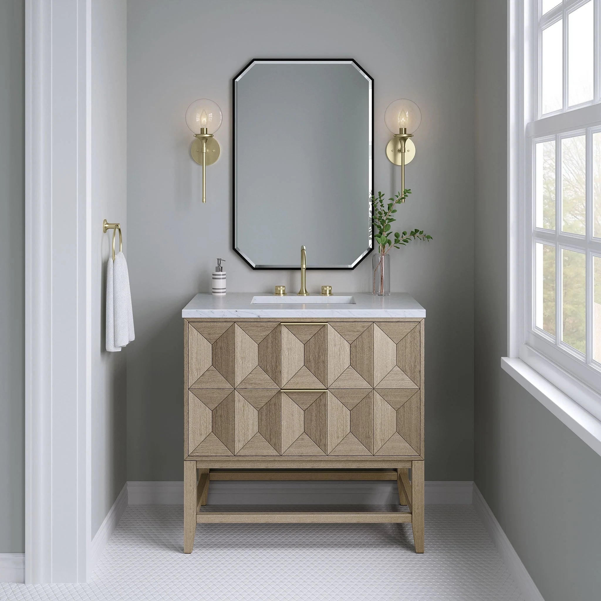 Emmeline Single Vanity, Pebble Oak w/ 3 CM White Zeus Top