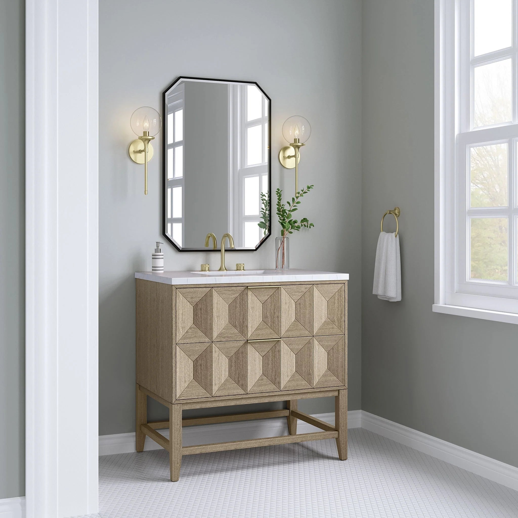 Emmeline Single Vanity, Pebble Oak w/ 3 CM White Zeus Top