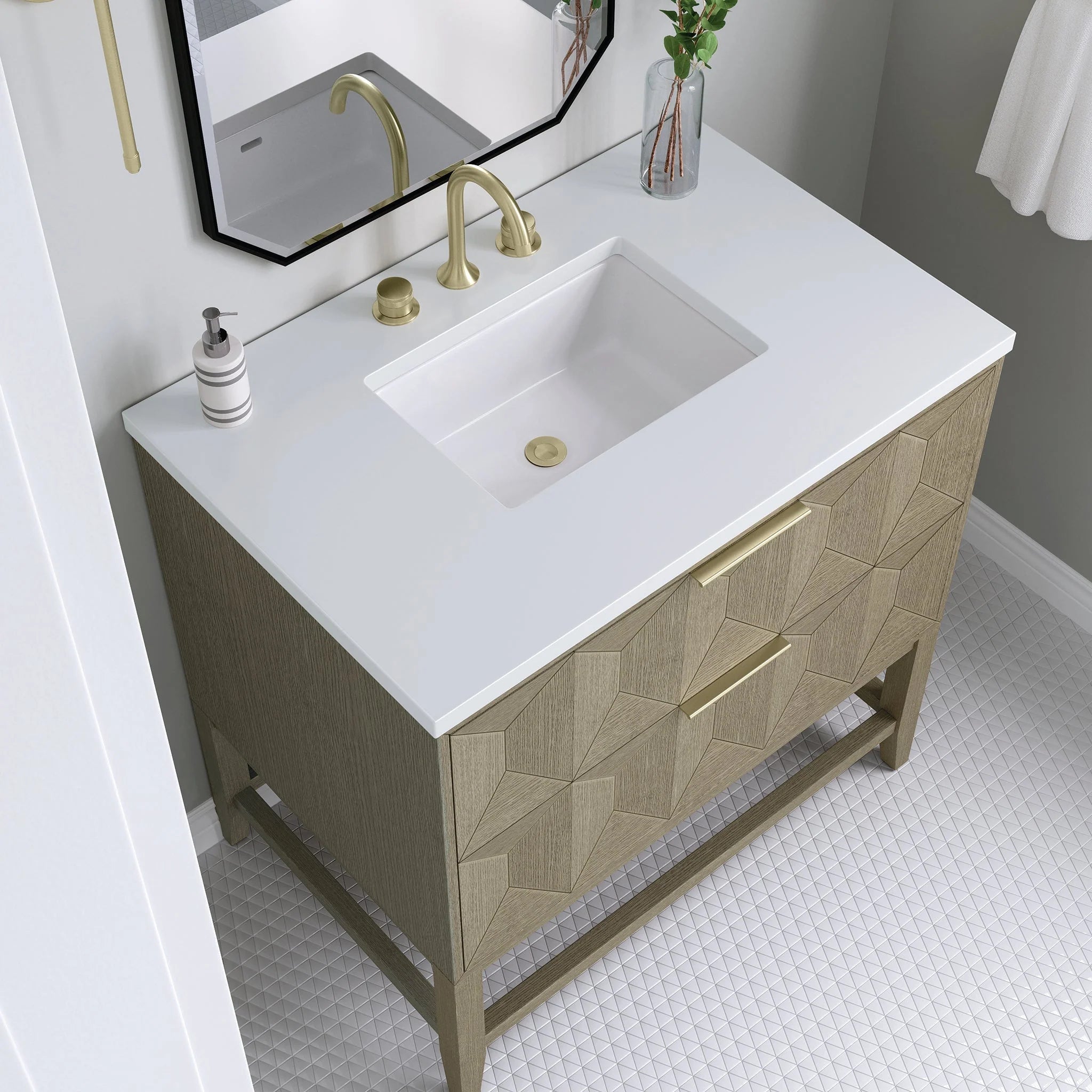 Emmeline Single Vanity, Pebble Oak w/ 3 CM White Zeus Top