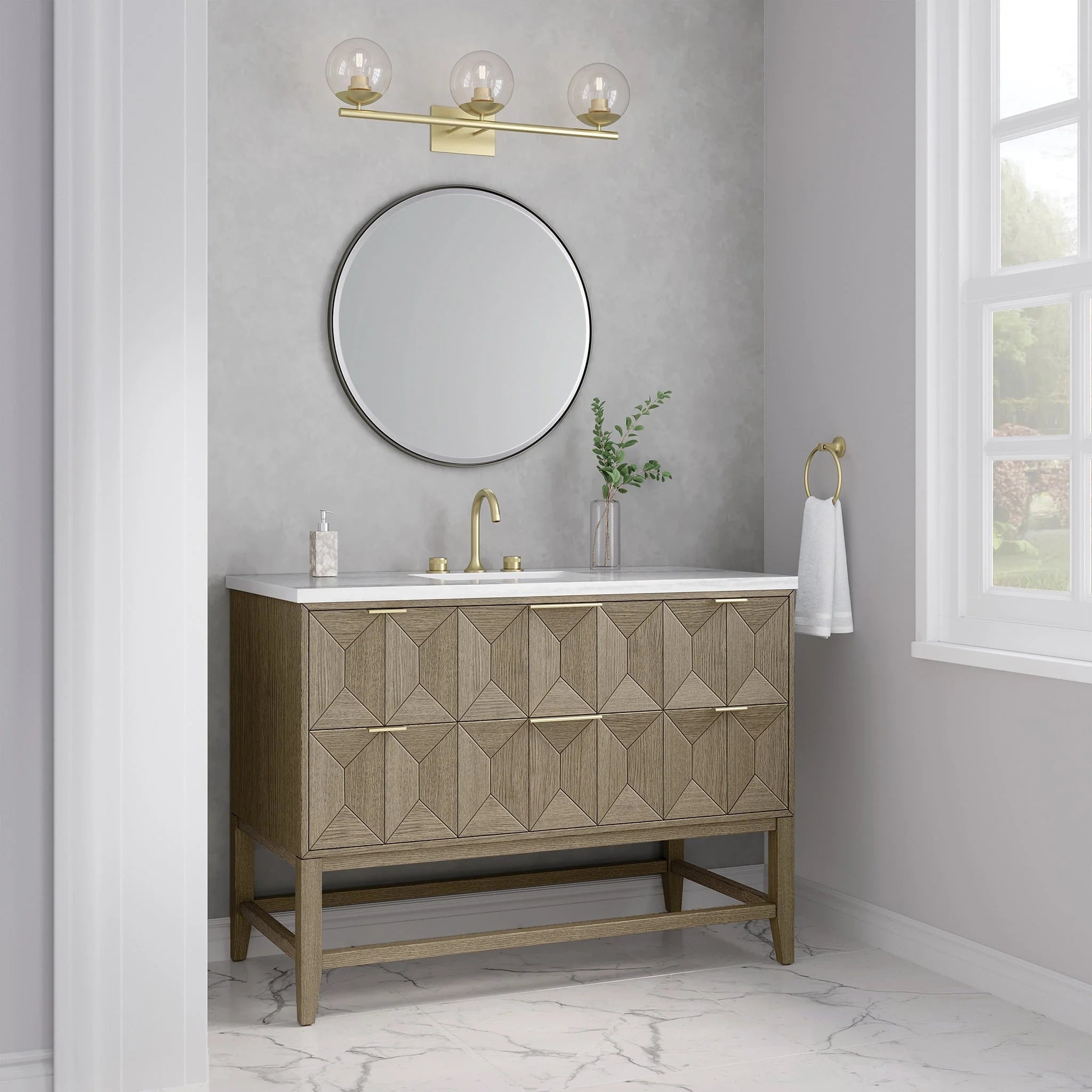 Emmeline Single Vanity, Pebble Oak w/ 3 CM White Zeus Top