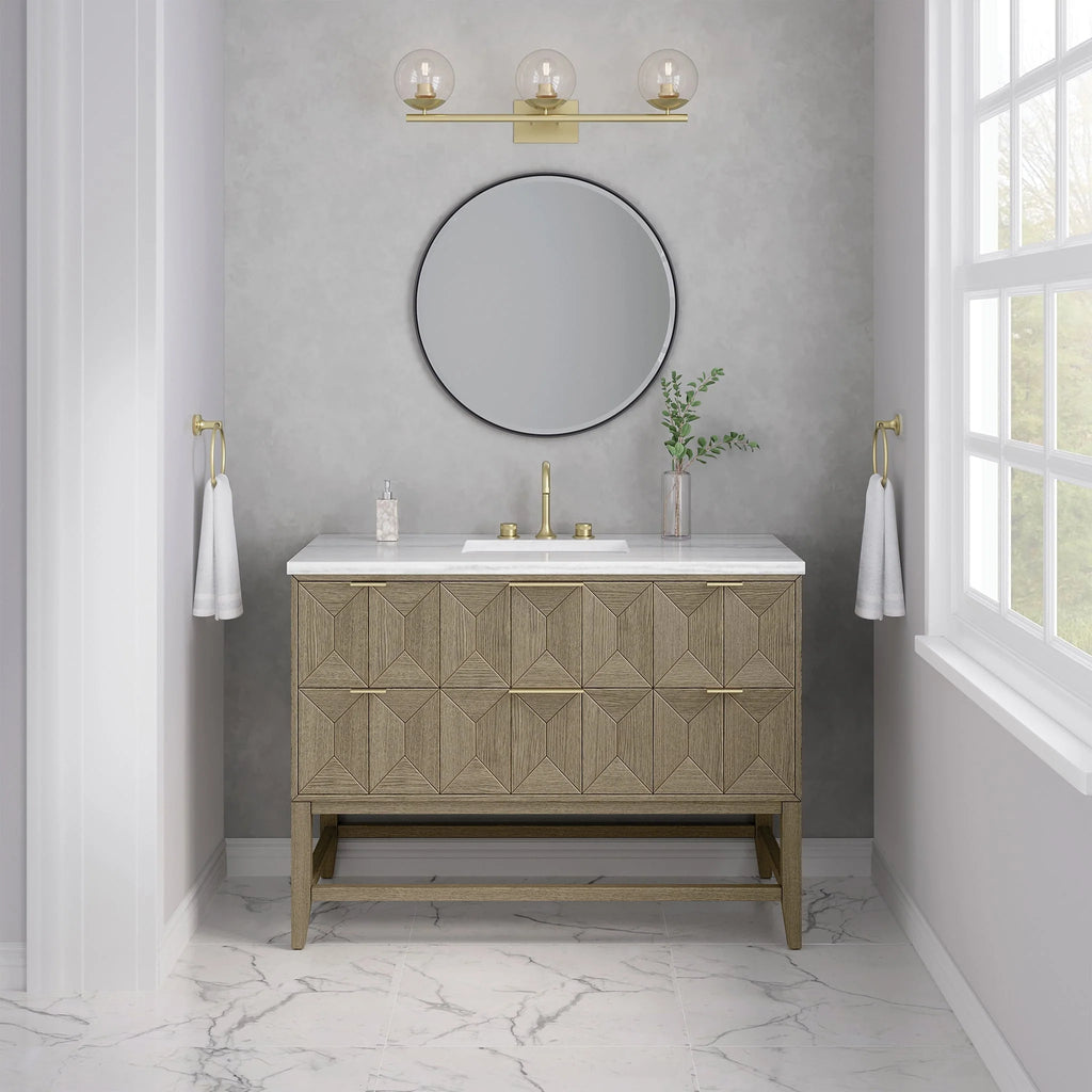 Emmeline Single Vanity, Pebble Oak w/ 3 CM White Zeus Top