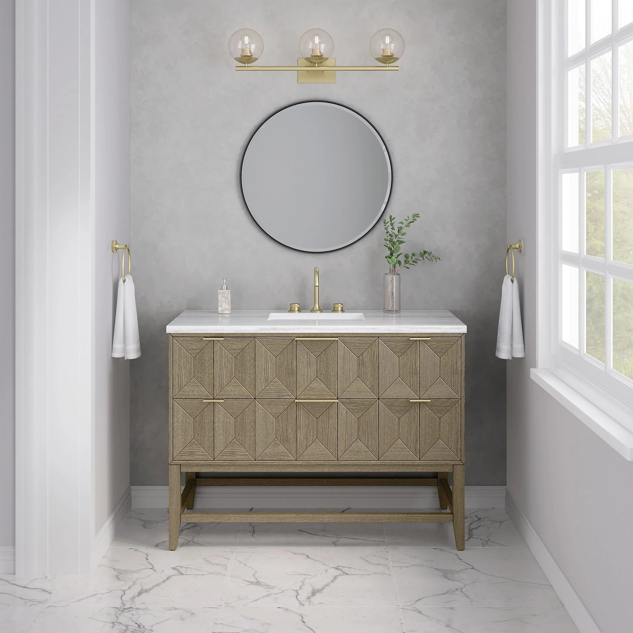 Emmeline Single Vanity, Pebble Oak w/ 3 CM White Zeus Top