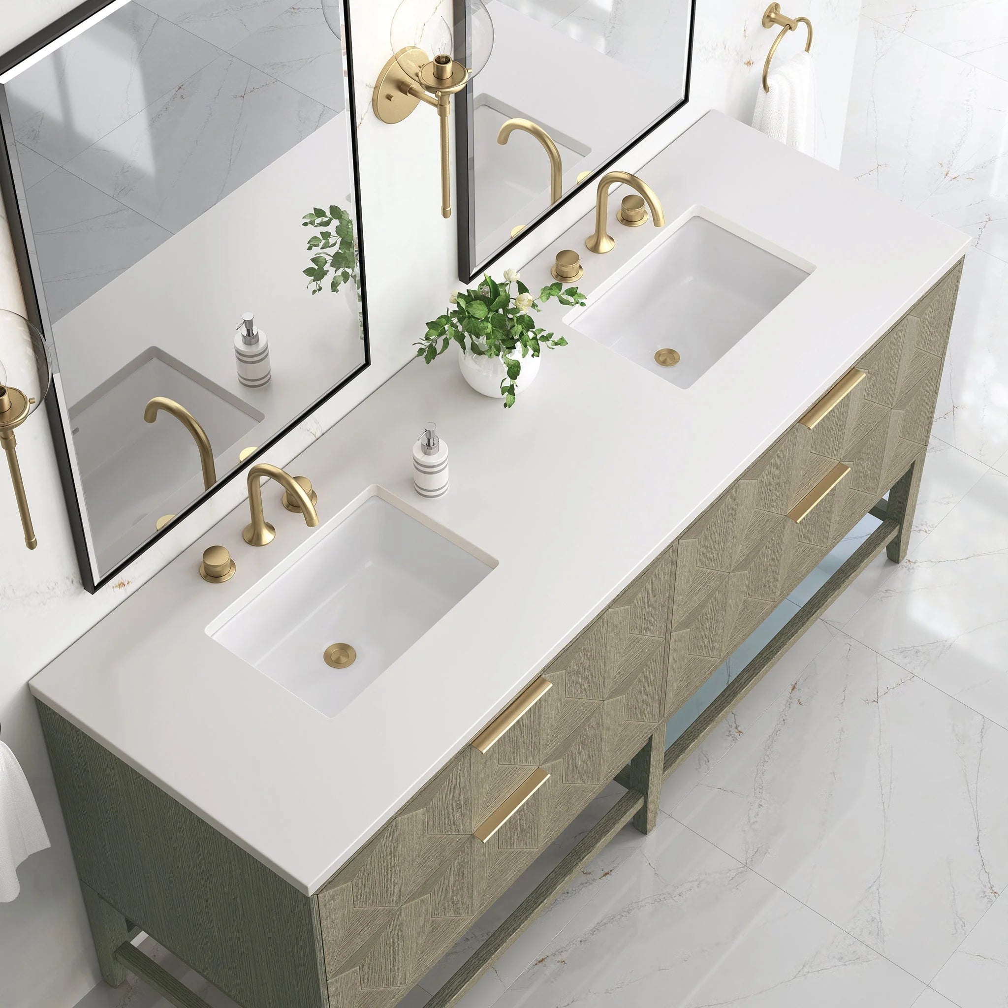 Emmeline 72" Double Vanity, Pebble Oak w/ 3 CM White Zeus Top