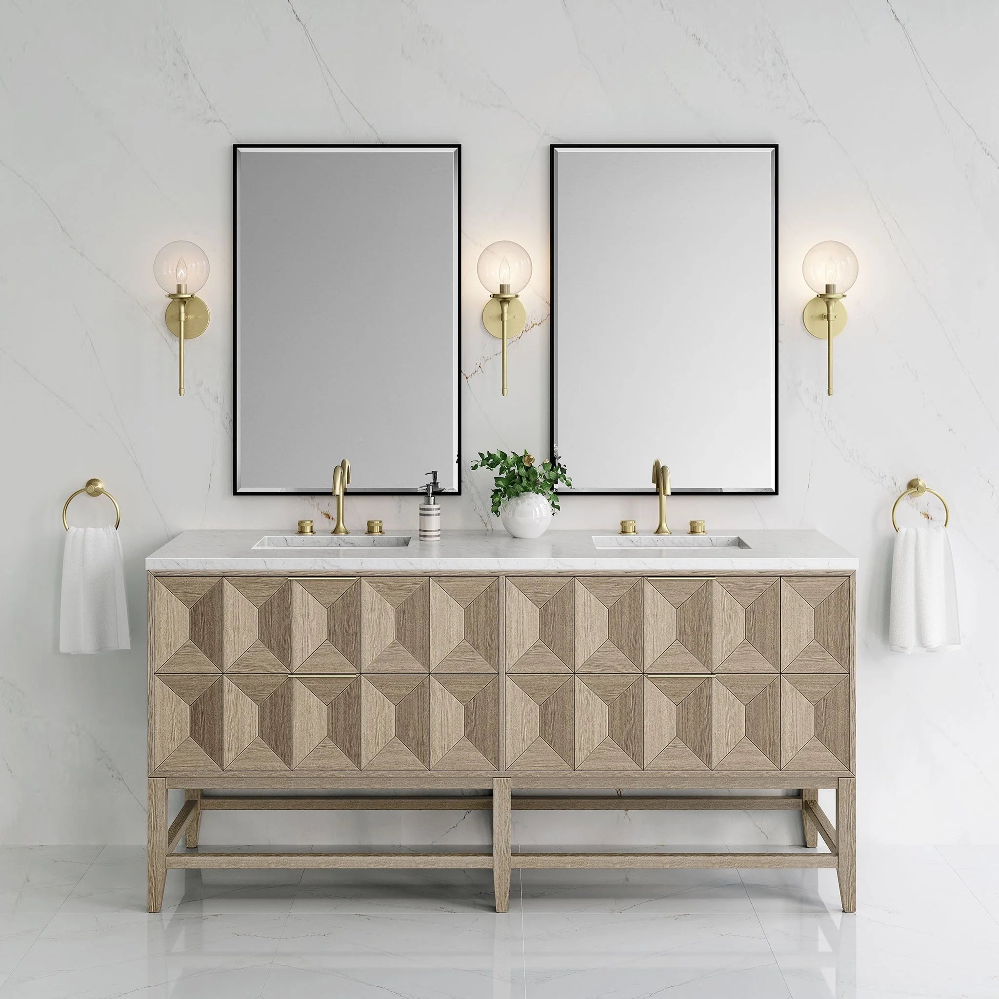 Emmeline 72" Double Vanity, Pebble Oak w/ 3 CM White Zeus Top