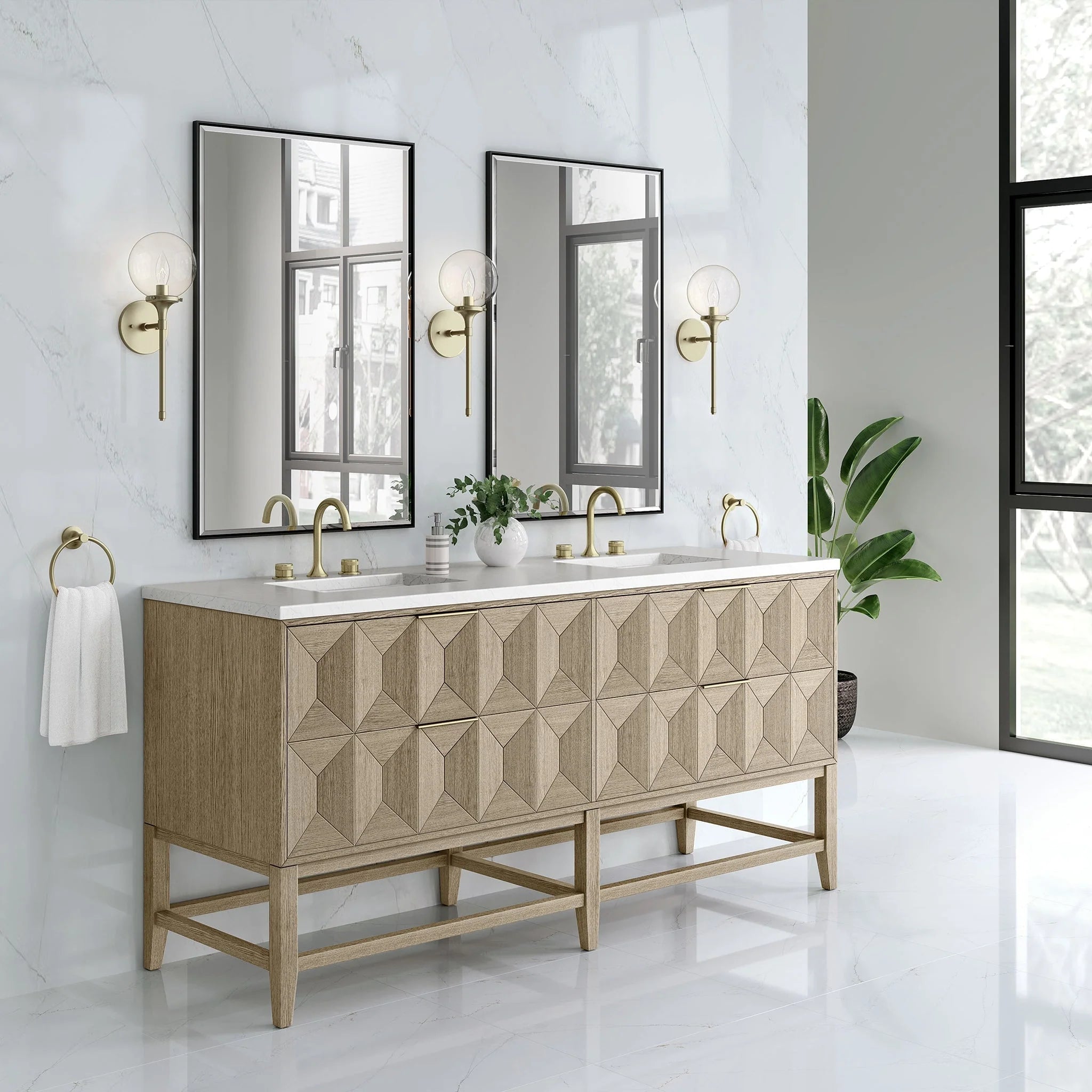 Emmeline 72" Double Vanity, Pebble Oak w/ 3 CM White Zeus Top
