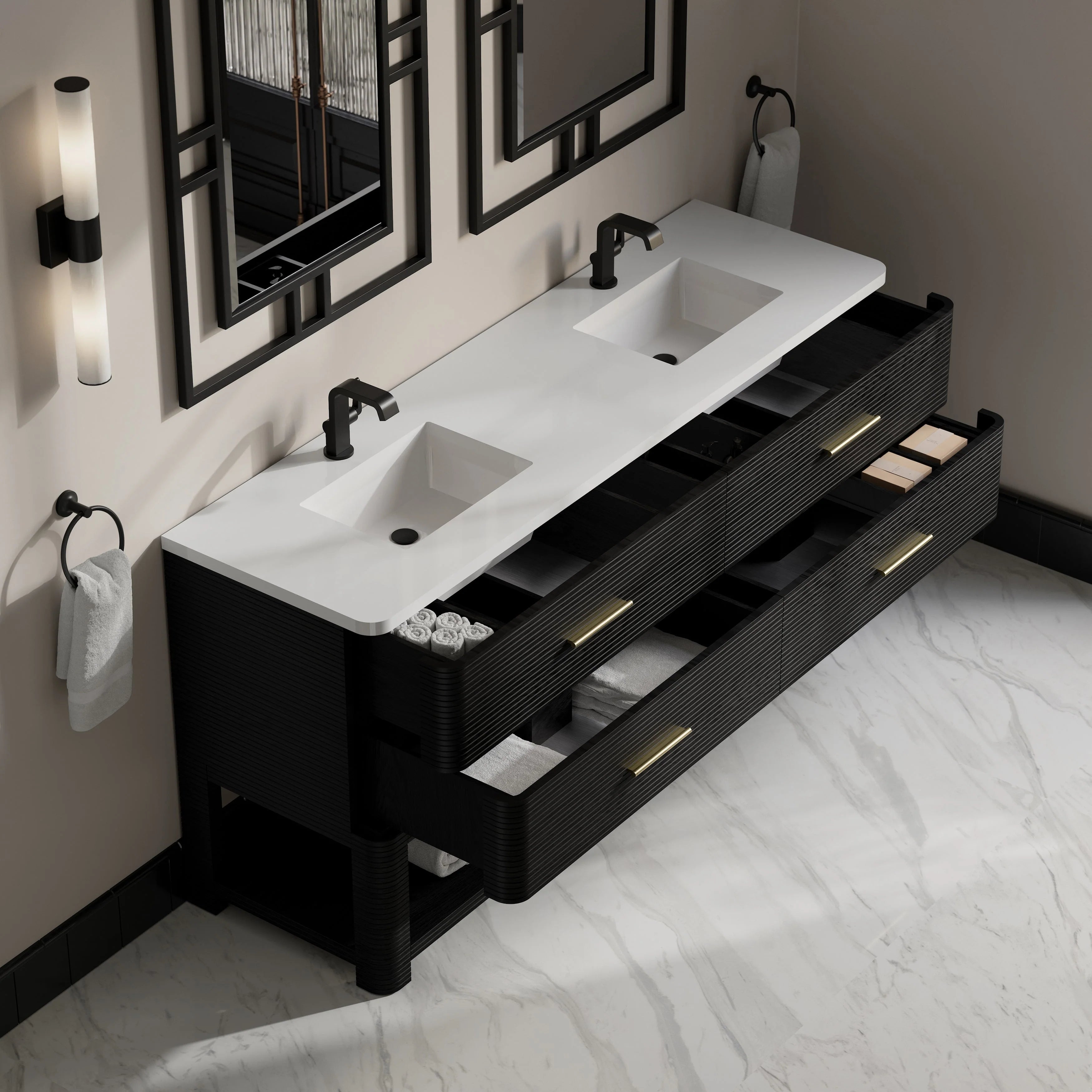 Lucian 72" Double Vanity, w/ 3 CM White Zeus Silestone Top