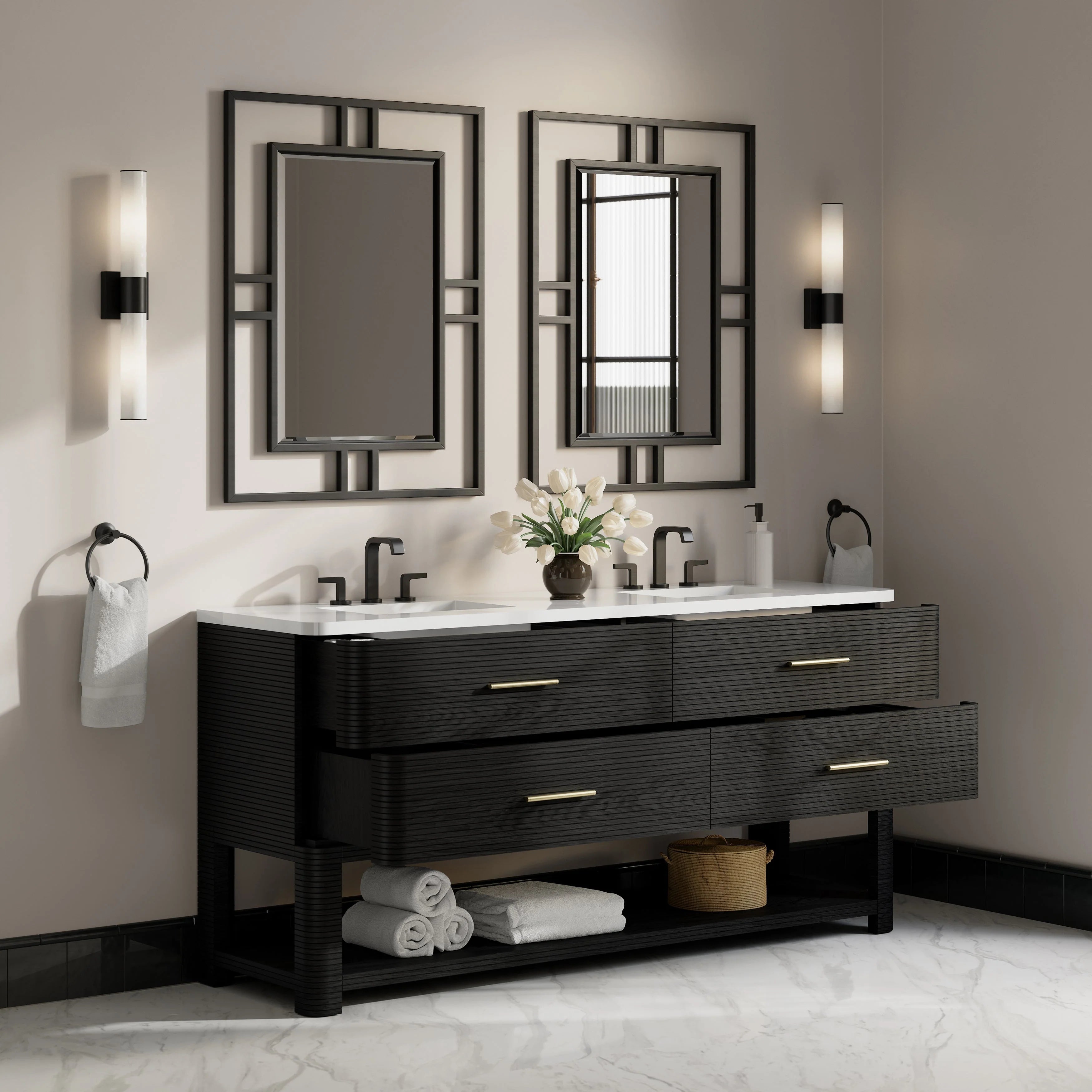 Lucian 72" Double Vanity, w/ 3 CM White Zeus Silestone Top