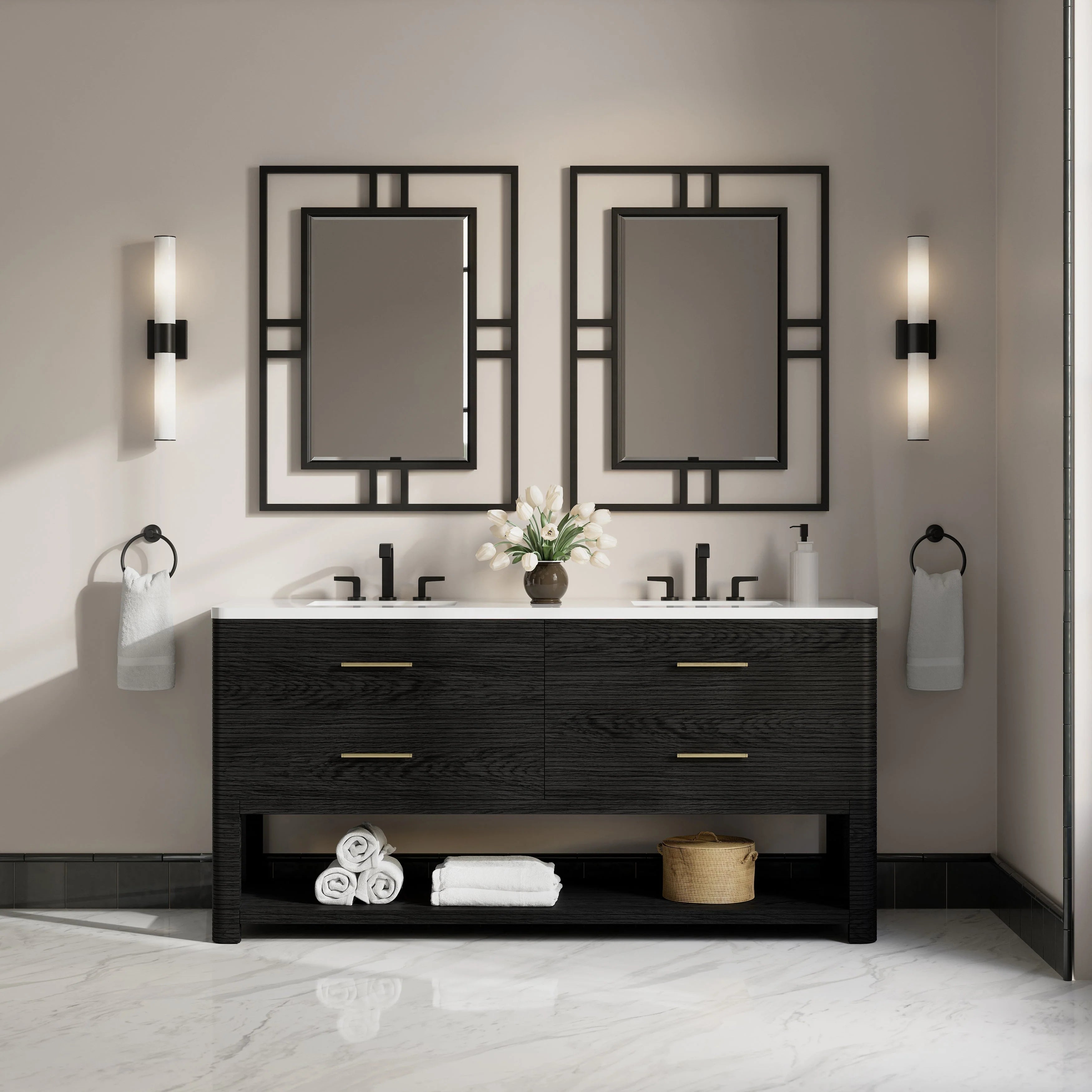 Lucian 72" Double Vanity, w/ 3 CM White Zeus Silestone Top