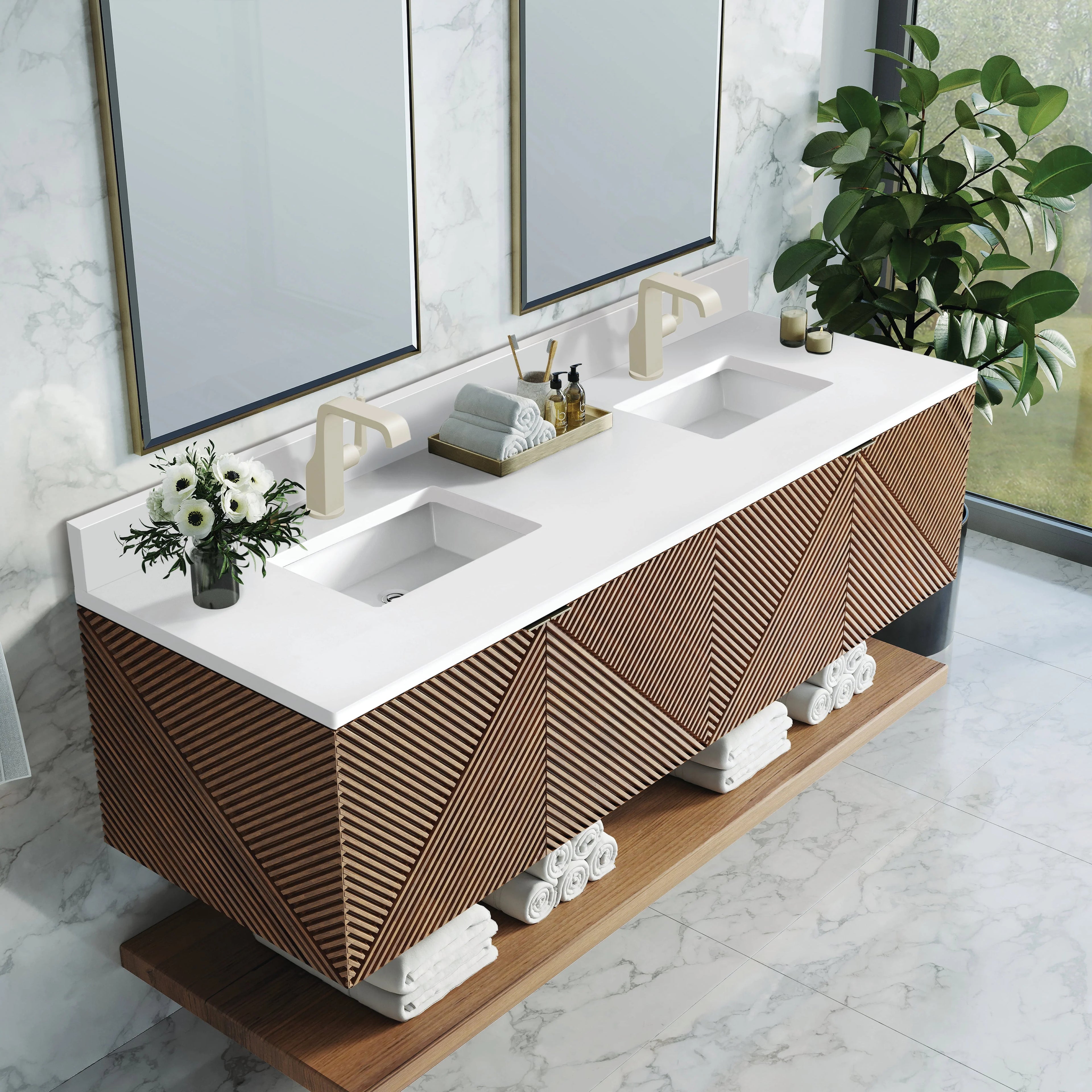 Marcello 72" Double Vanity, Chestnut w/ 3 CM White Zeus Top