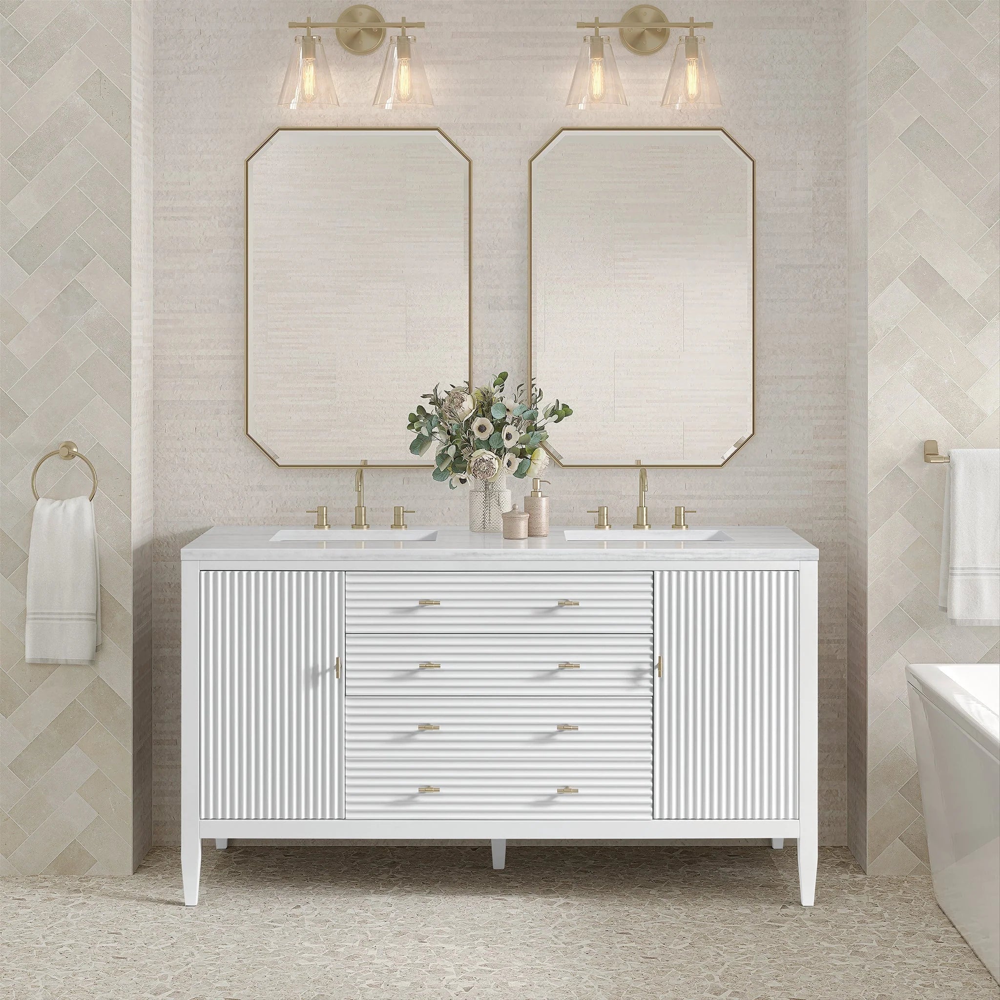 Myrrin Double Vanity, Bright White w/ 3 CM White Zeus Silestone Top