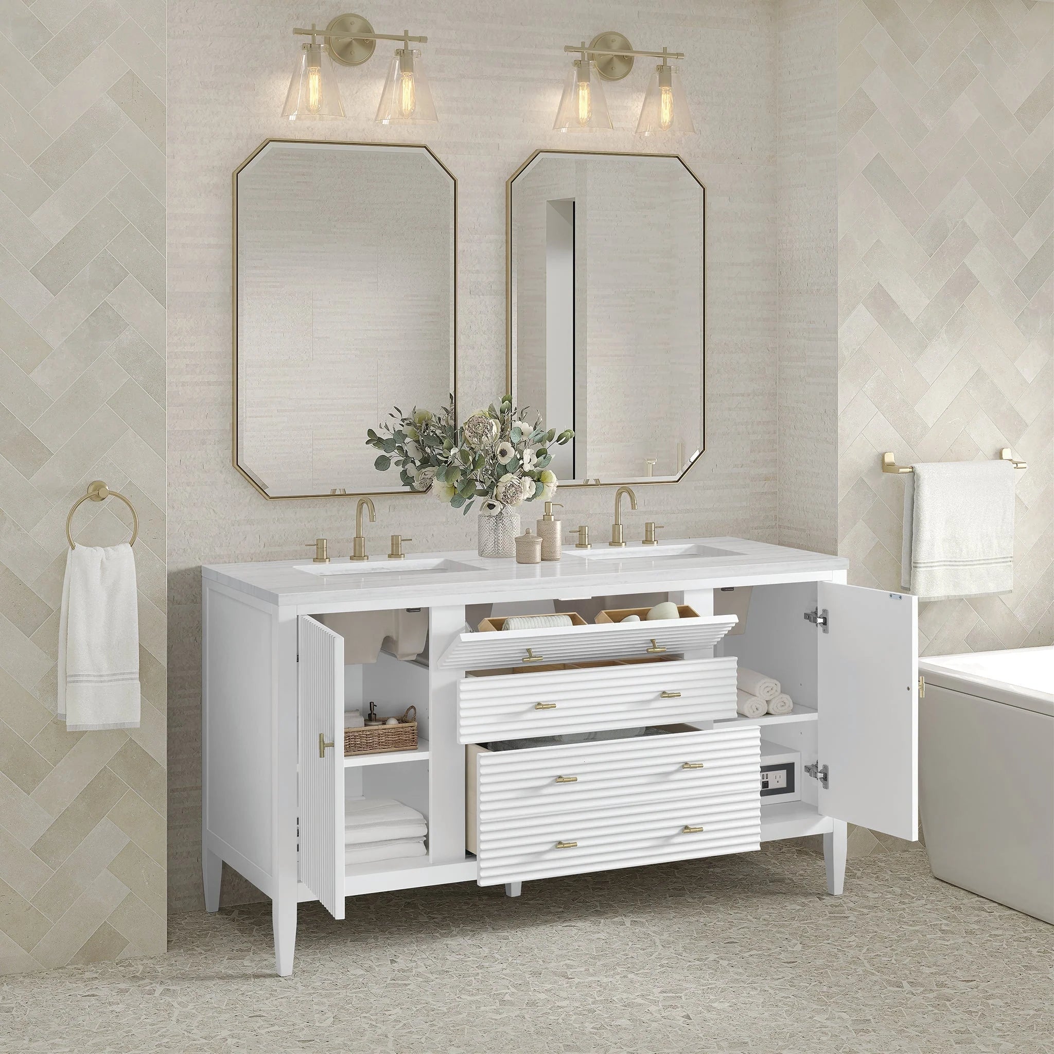 Myrrin Double Vanity, Bright White w/ 3 CM White Zeus Silestone Top