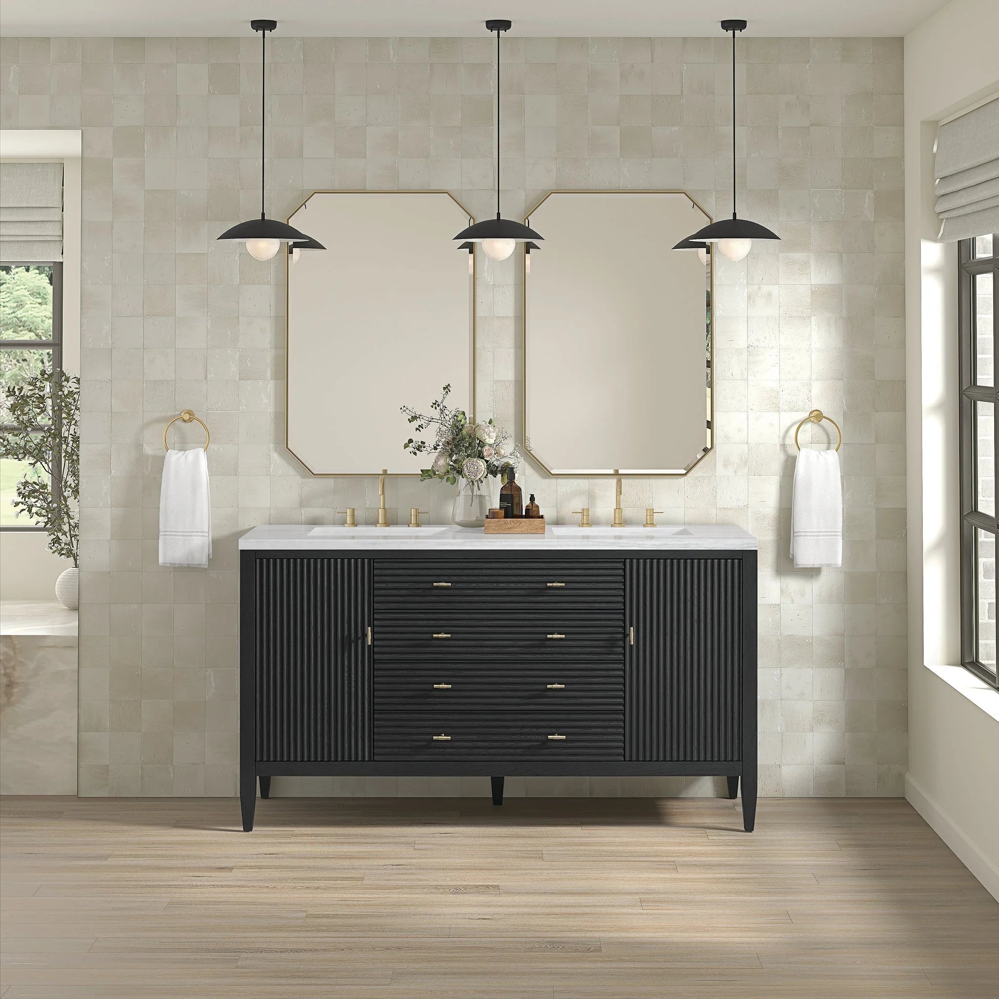 Myrrin Double Vanity, Bright White w/ 3 CM White Zeus Silestone Top