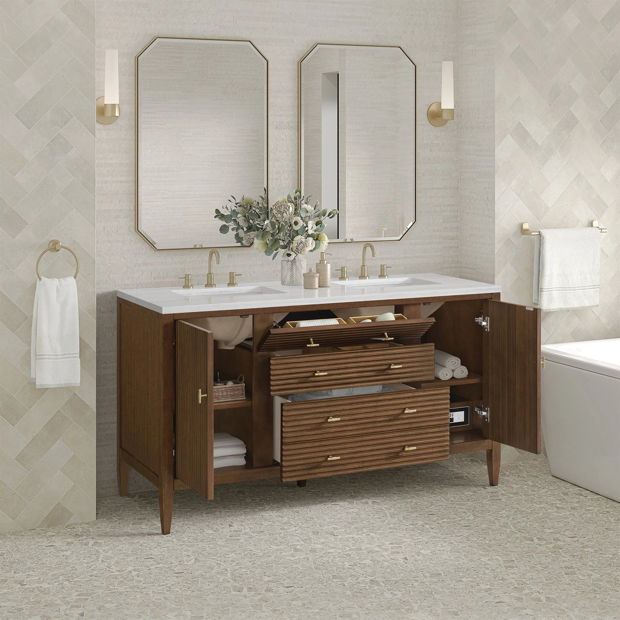 Myrrin Double Vanity, Bright White w/ 3 CM White Zeus Silestone Top