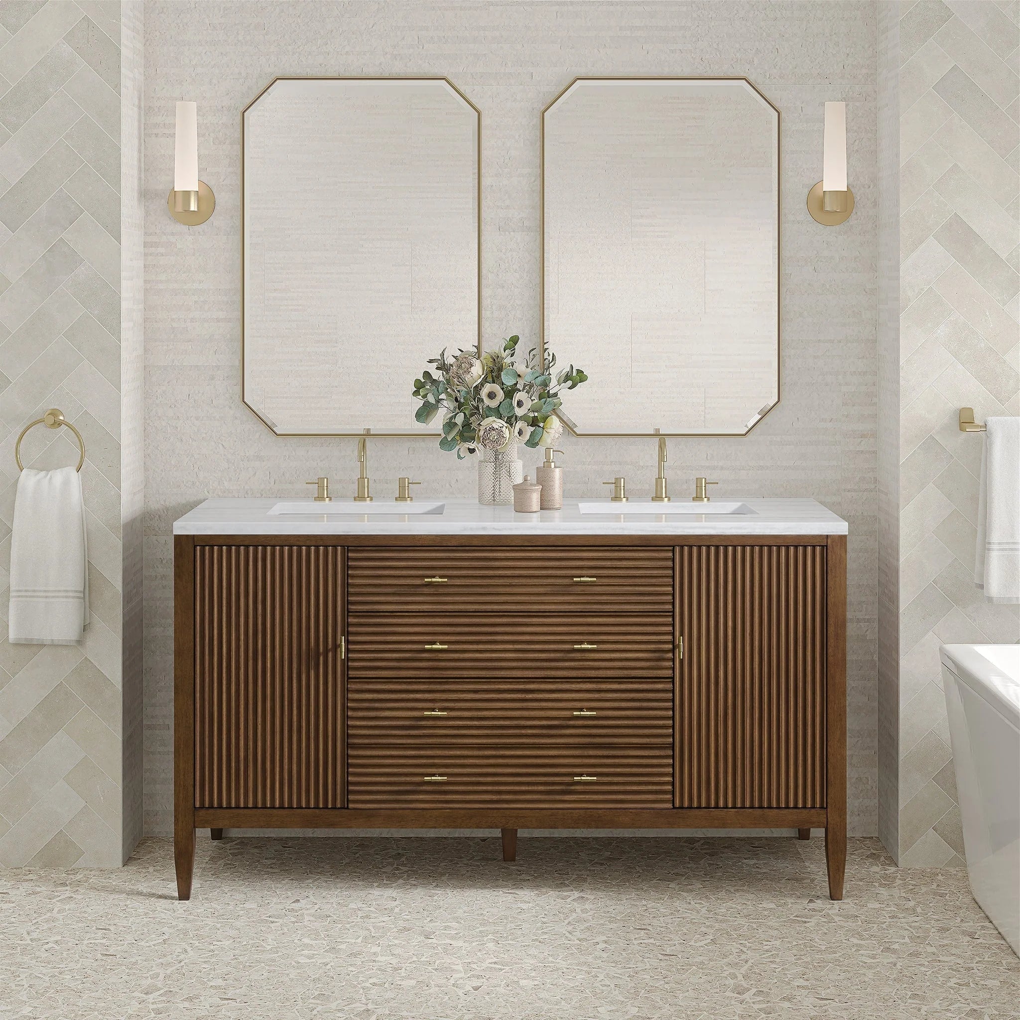 Myrrin Double Vanity, Bright White w/ 3 CM White Zeus Silestone Top