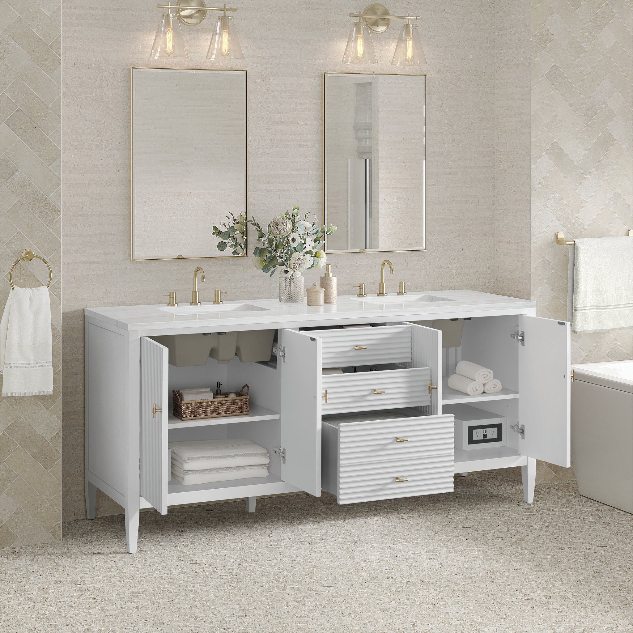 Myrrin Double Vanity, Bright White w/ 3 CM White Zeus Silestone Top