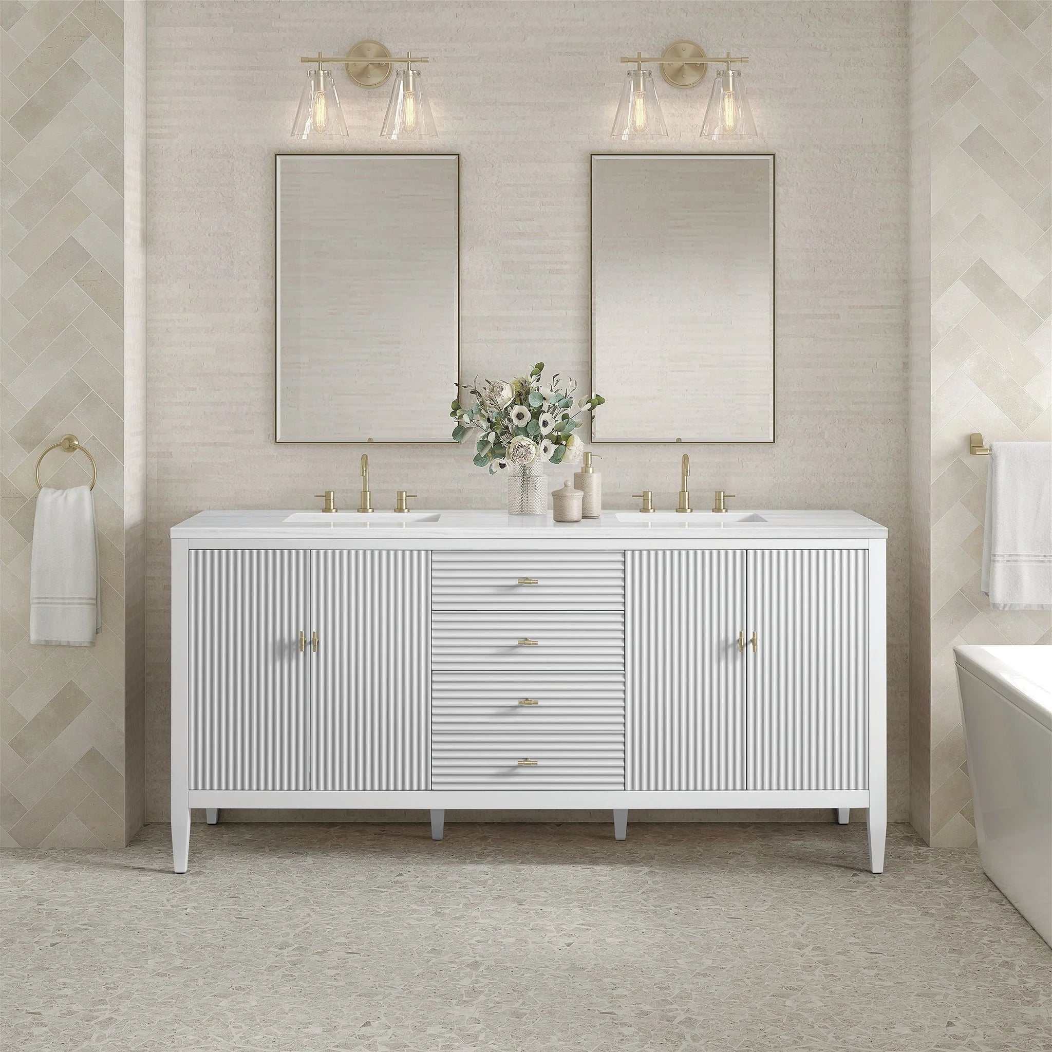 Myrrin Double Vanity, Bright White w/ 3 CM White Zeus Silestone Top