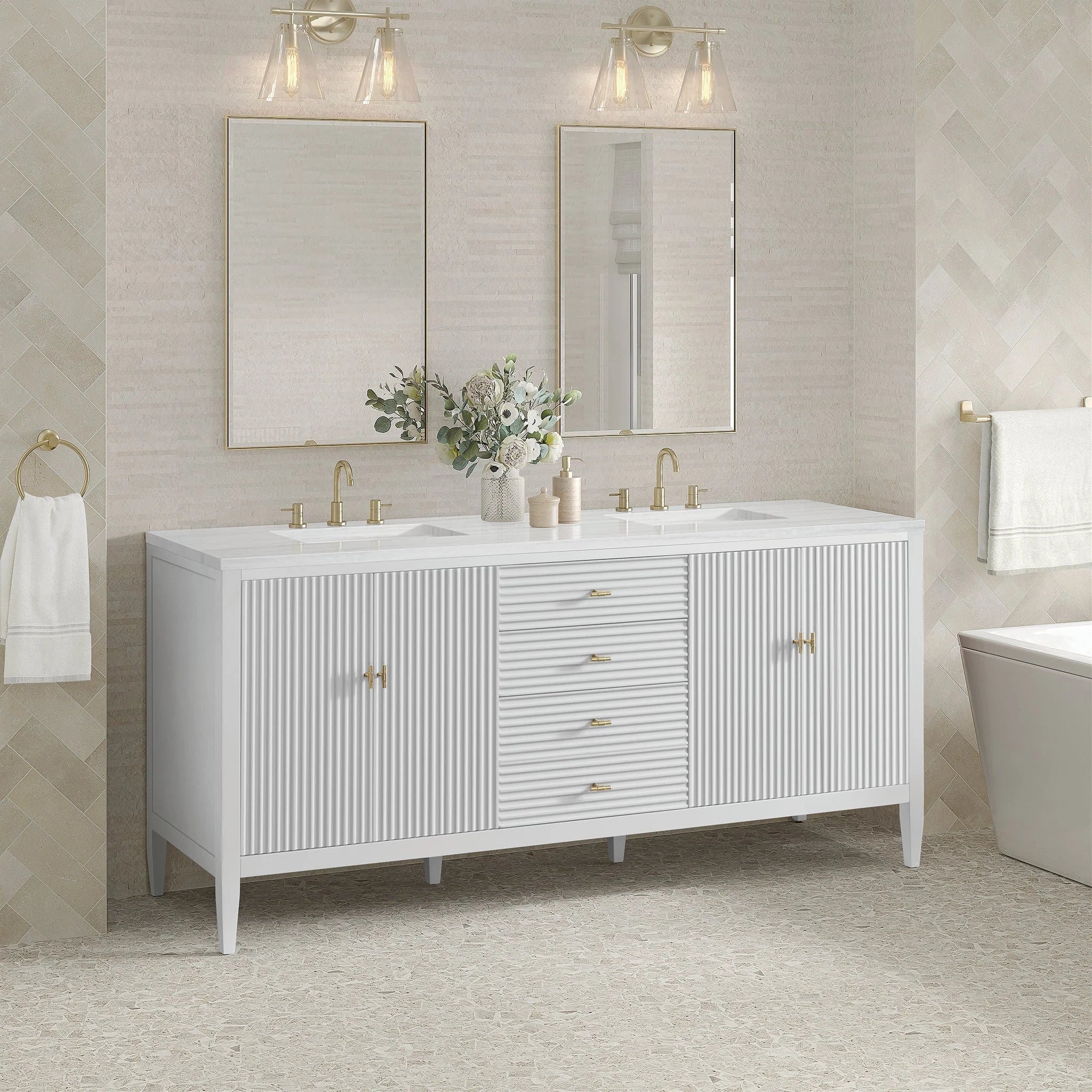 Myrrin Double Vanity, Bright White w/ 3 CM White Zeus Silestone Top