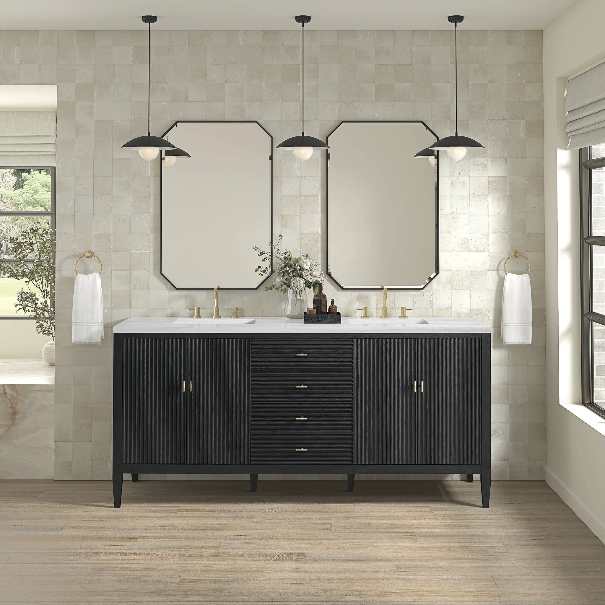 Myrrin Double Vanity, Bright White w/ 3 CM White Zeus Silestone Top