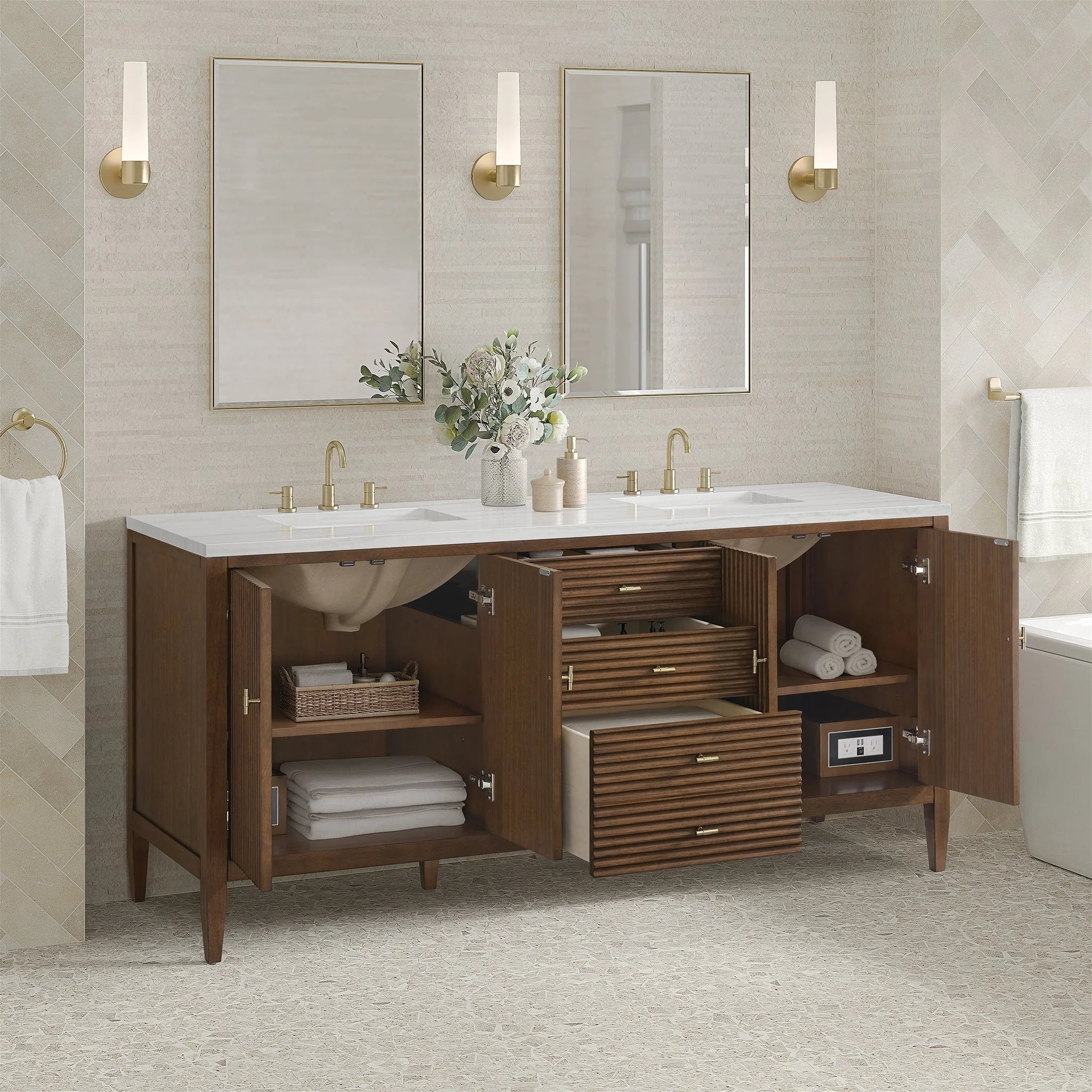 Myrrin Double Vanity, Bright White w/ 3 CM White Zeus Silestone Top