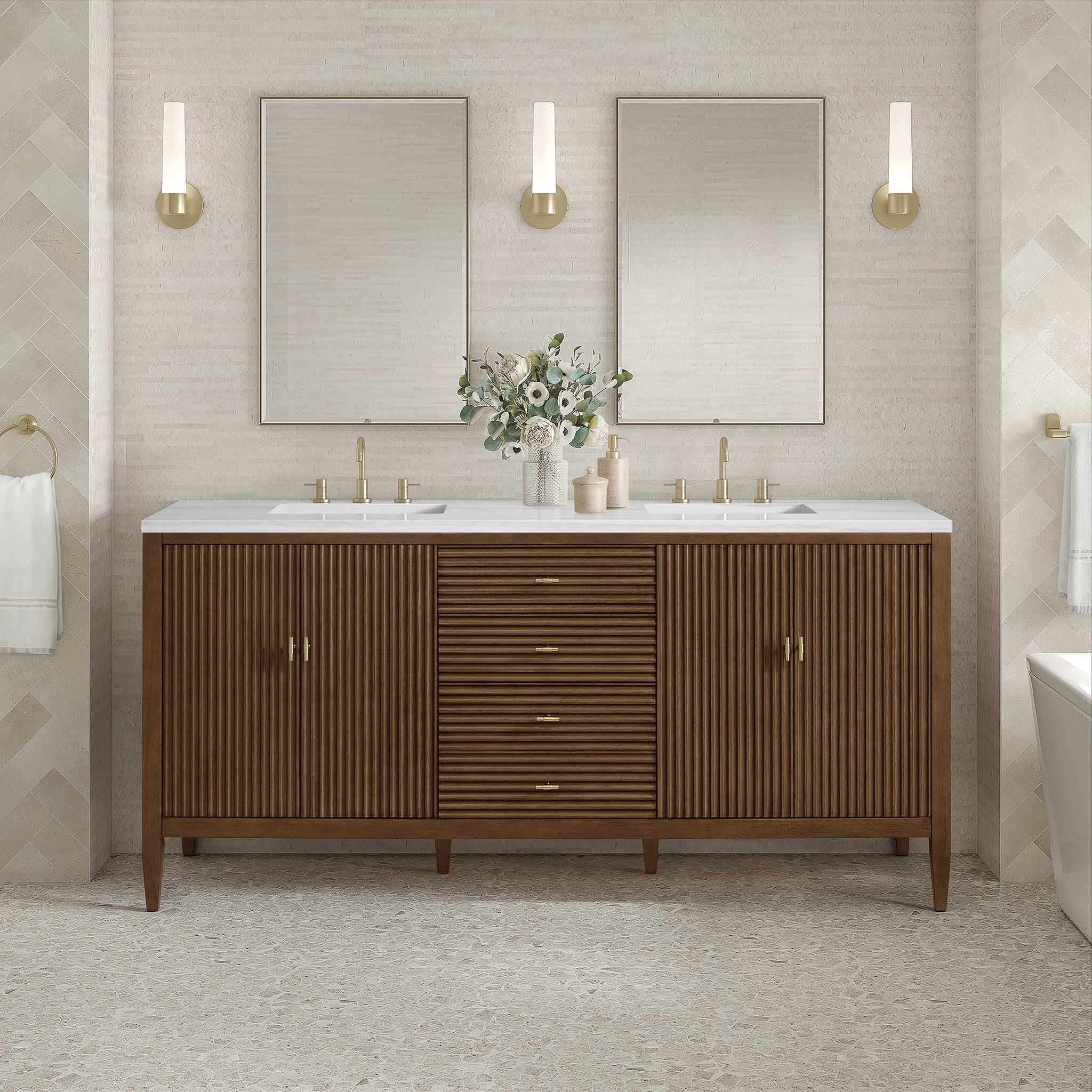 Myrrin Double Vanity, Bright White w/ 3 CM White Zeus Silestone Top
