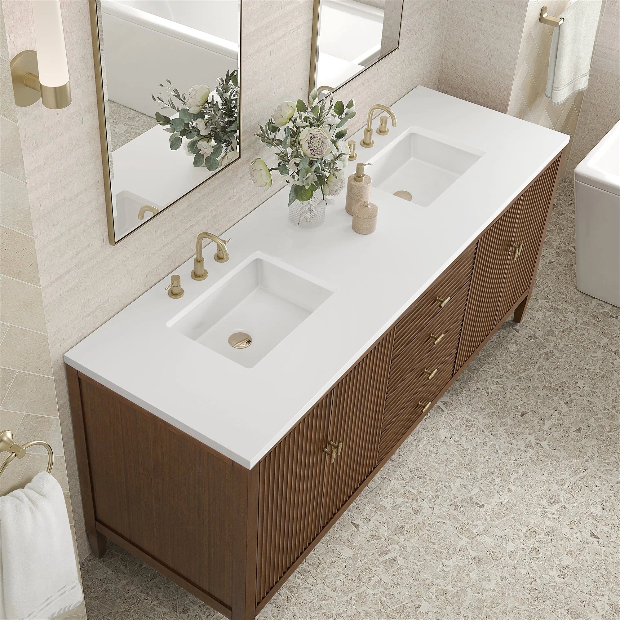 Myrrin Double Vanity, Bright White w/ 3 CM White Zeus Silestone Top