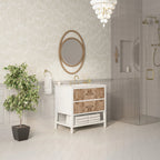 Olena Single Vanity, Light Mappa Burl and Polished White w/ 3 CM White Zeus Silestone Top