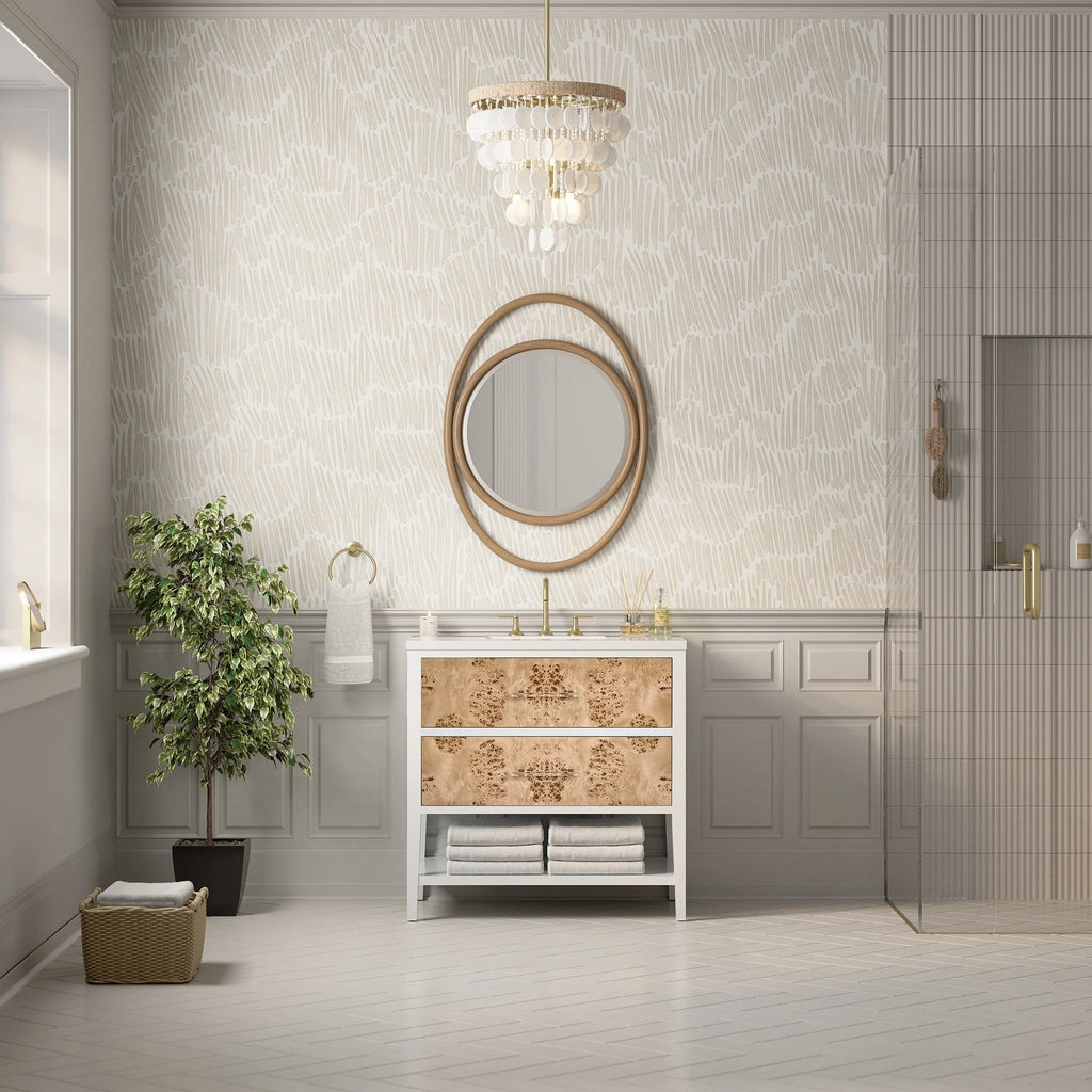 Olena Single Vanity, Light Mappa Burl and Polished White w/ 3 CM White Zeus Silestone Top