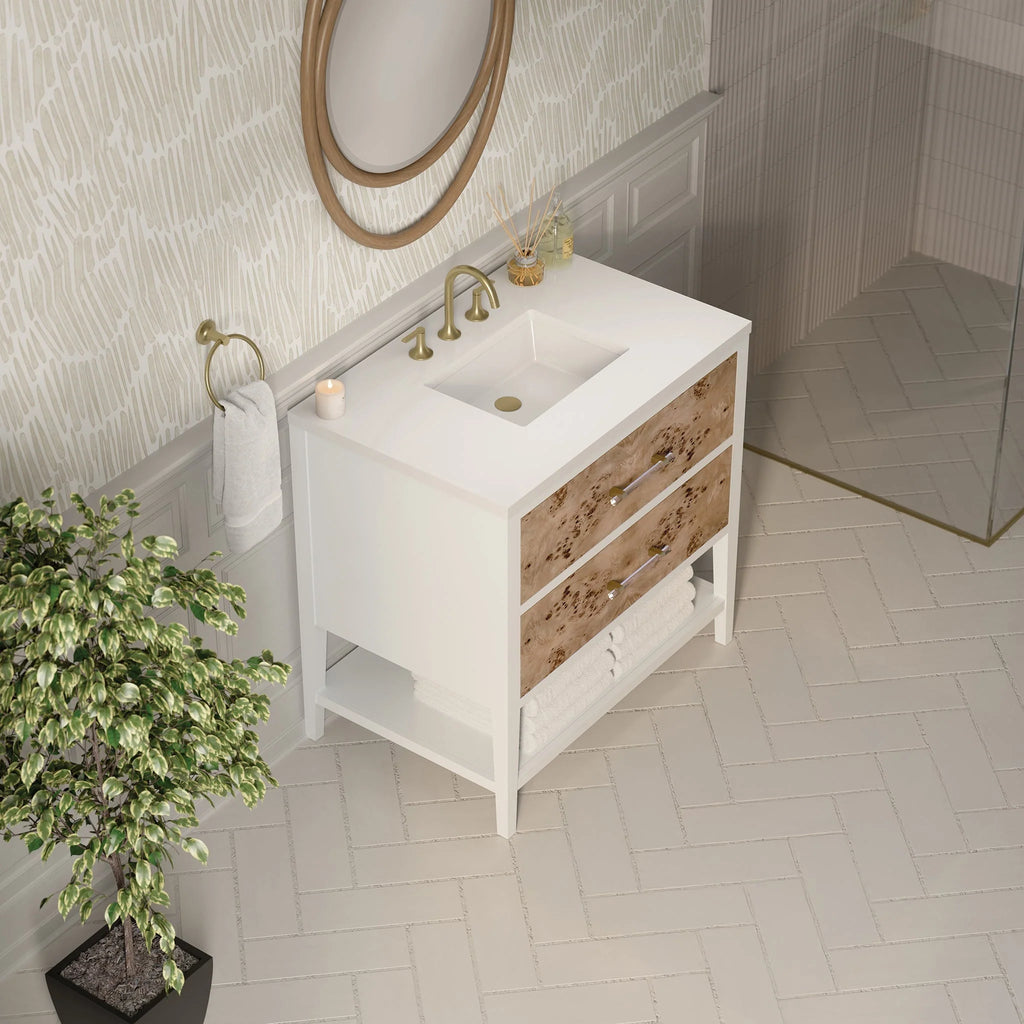 Olena Single Vanity, Light Mappa Burl and Polished White w/ 3 CM White Zeus Silestone Top