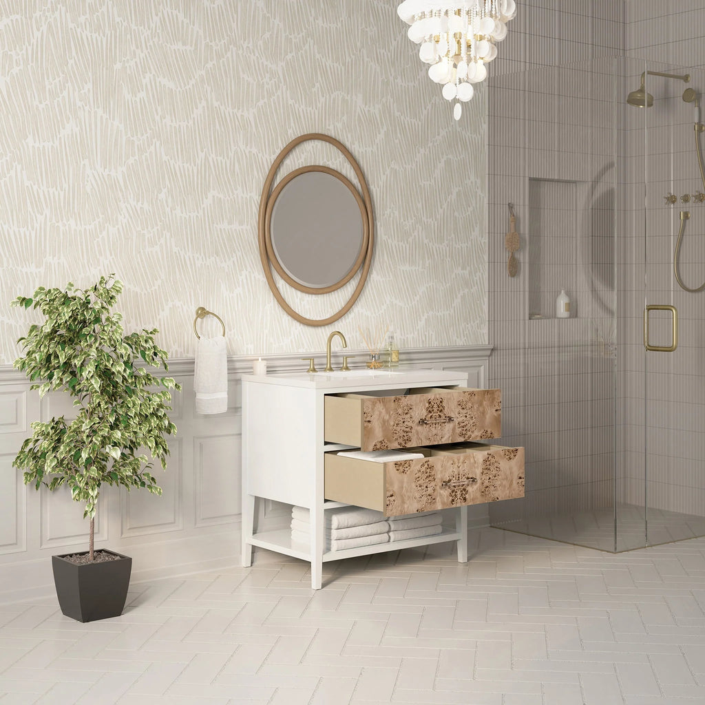 Olena Single Vanity, Light Mappa Burl and Polished White w/ 3 CM White Zeus Silestone Top