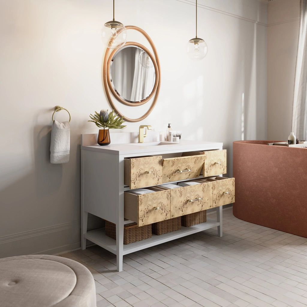 Olena Single Vanity, Light Mappa Burl and Polished White w/ 3 CM White Zeus Silestone Top