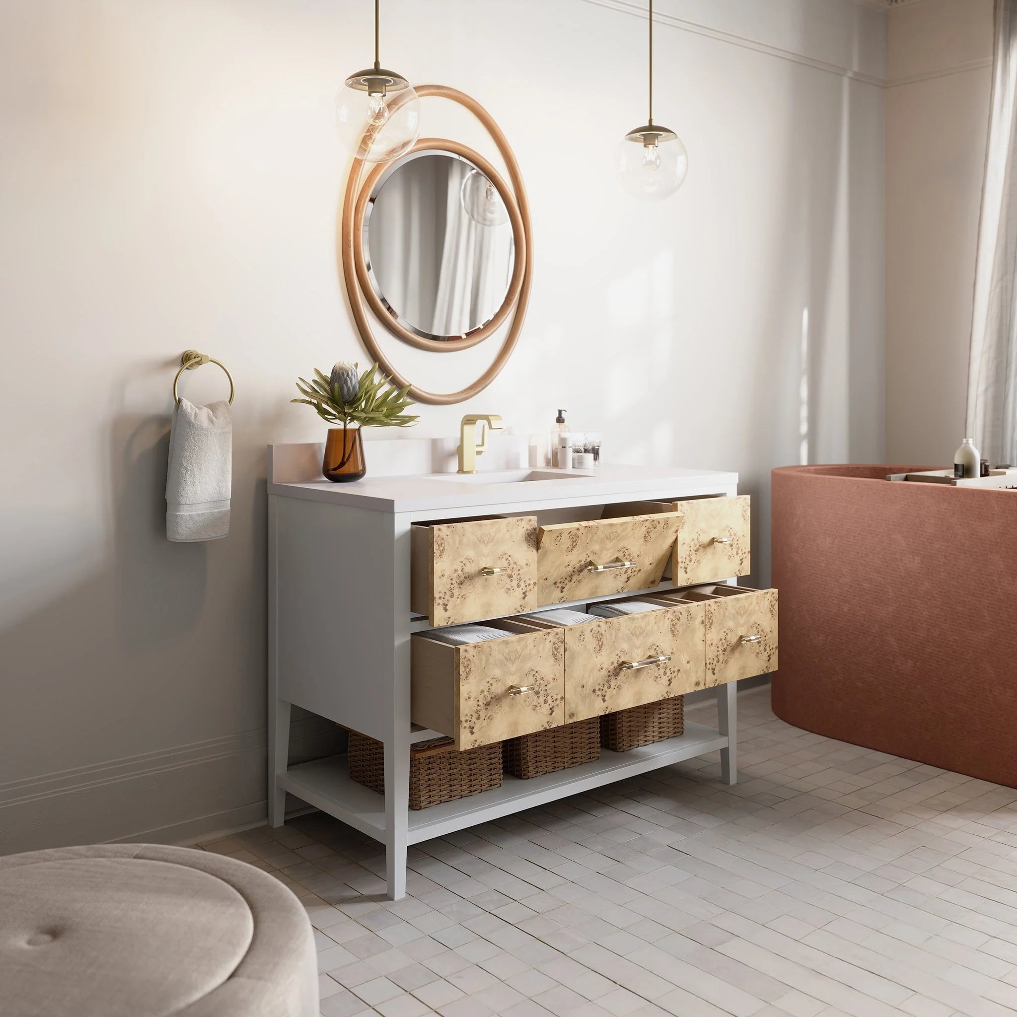 Olena Single Vanity, Light Mappa Burl and Polished White w/ 3 CM White Zeus Silestone Top