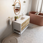 Olena Single Vanity, Light Mappa Burl and Polished White w/ 3 CM White Zeus Silestone Top